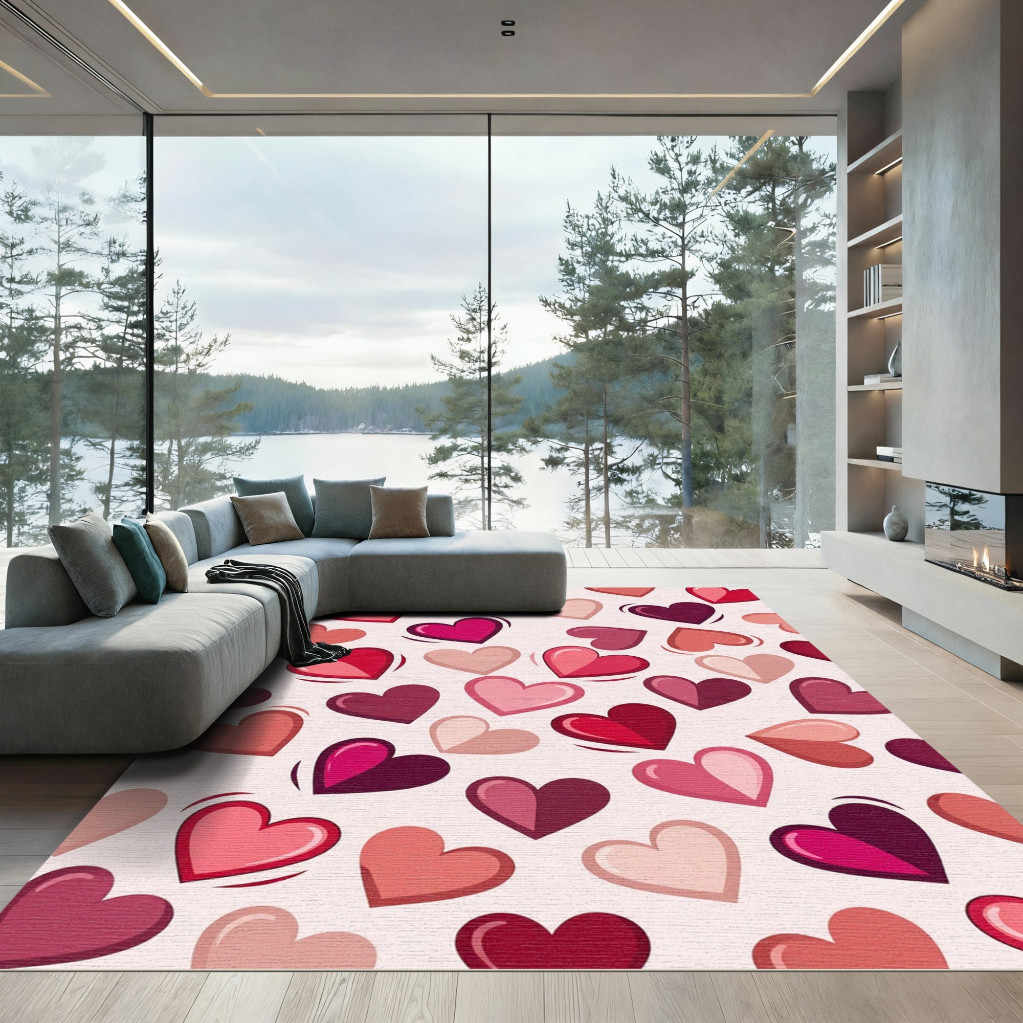Romantic Pink Multi Heart Illustration Rug