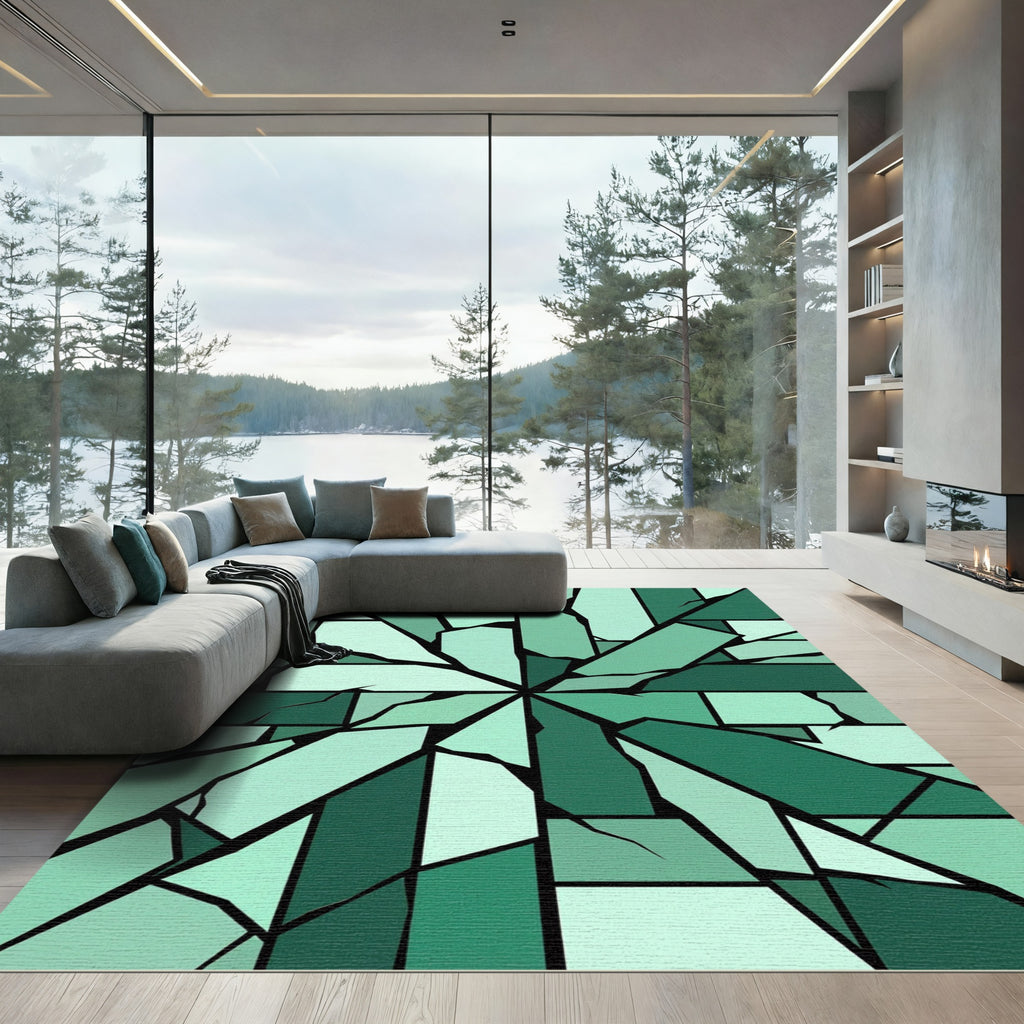 Emerald Shard Geometric Abstract Shattered Glass Rug