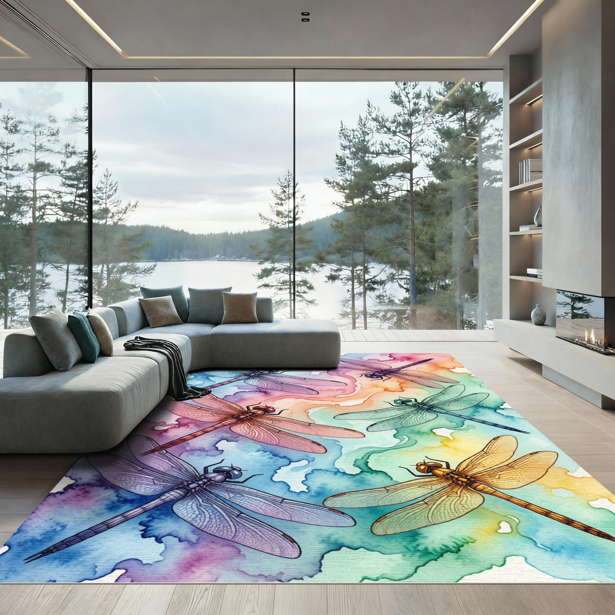 Vibrant Watercolor Dragonfly Rainbow Art Rug
