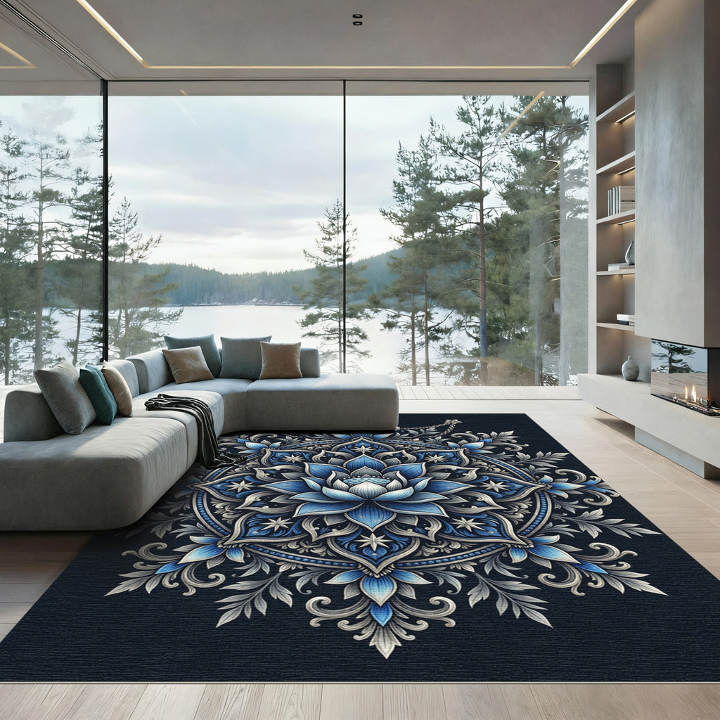 Elegant Navy Blue Lotus Mandala Rug
