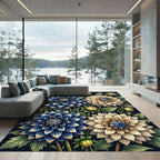 Blue and Cream Botanical Dahlia Garden Rug