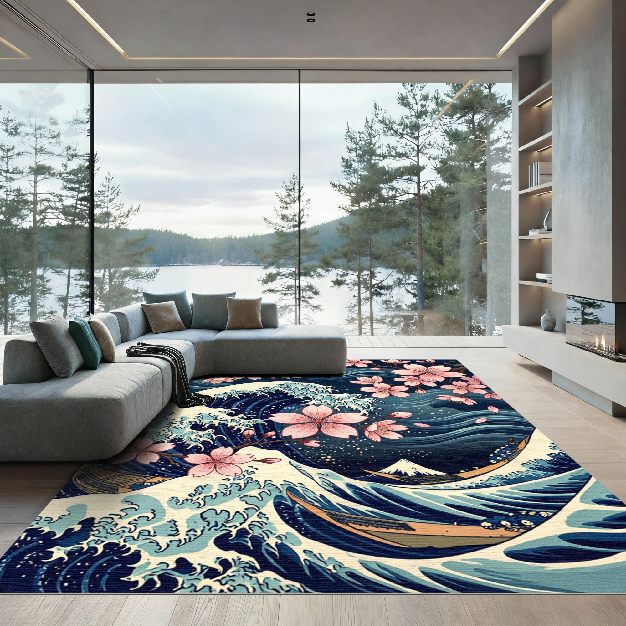 Great Wave Cherry Blossom Navy Art Rug
