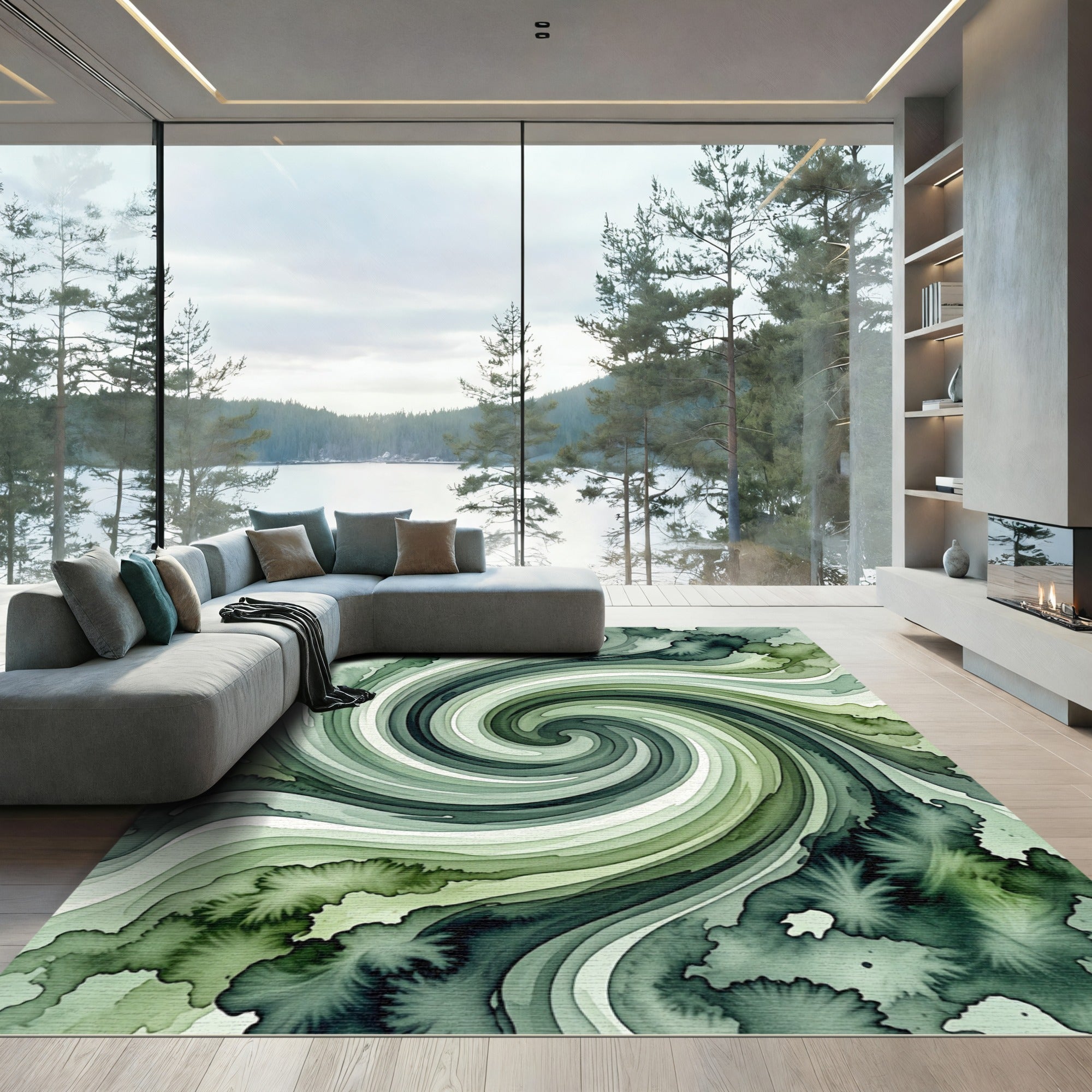 Elegant Sage Green Abstract Swirl Rug