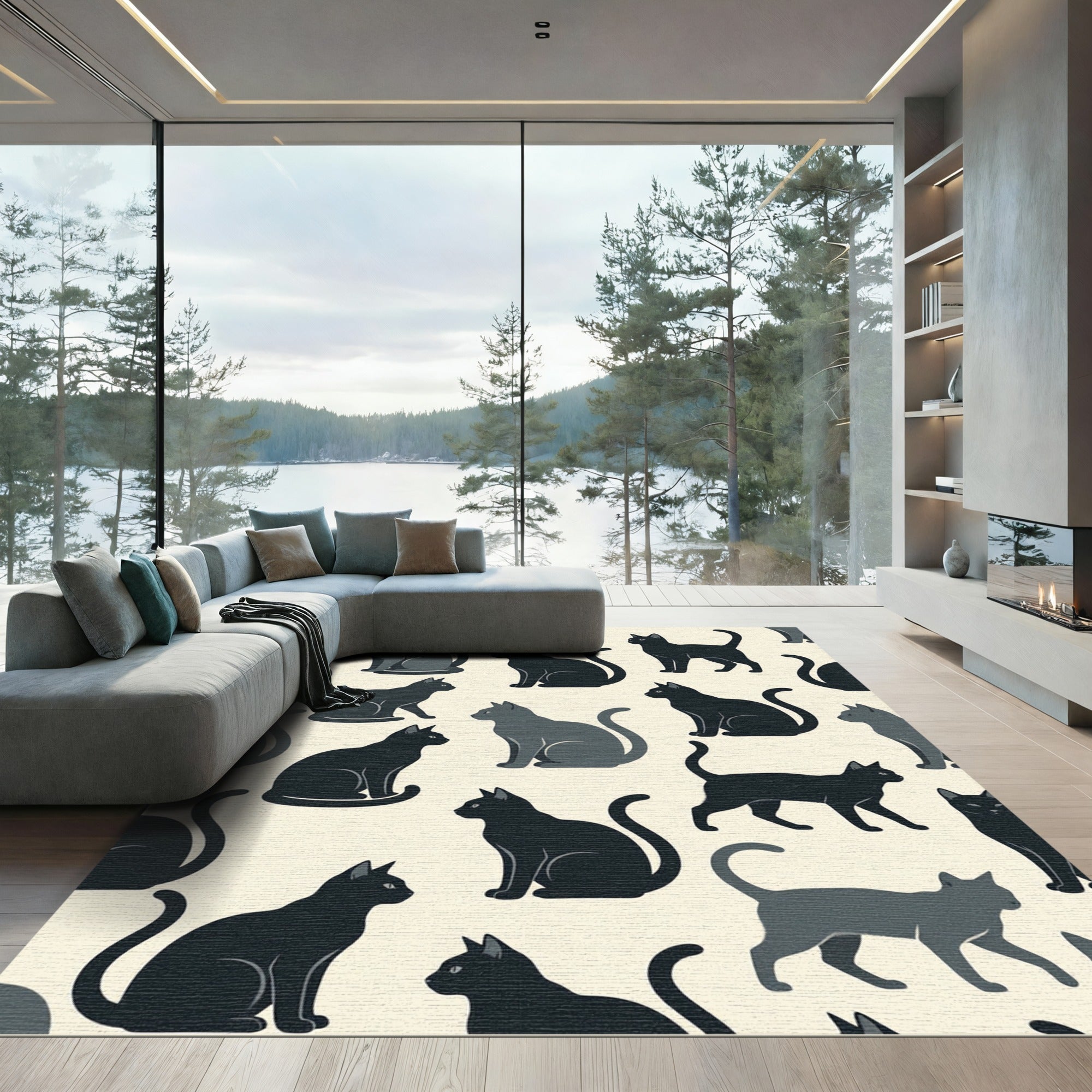 Charcoal Gray Sitting Feline Collection Rug