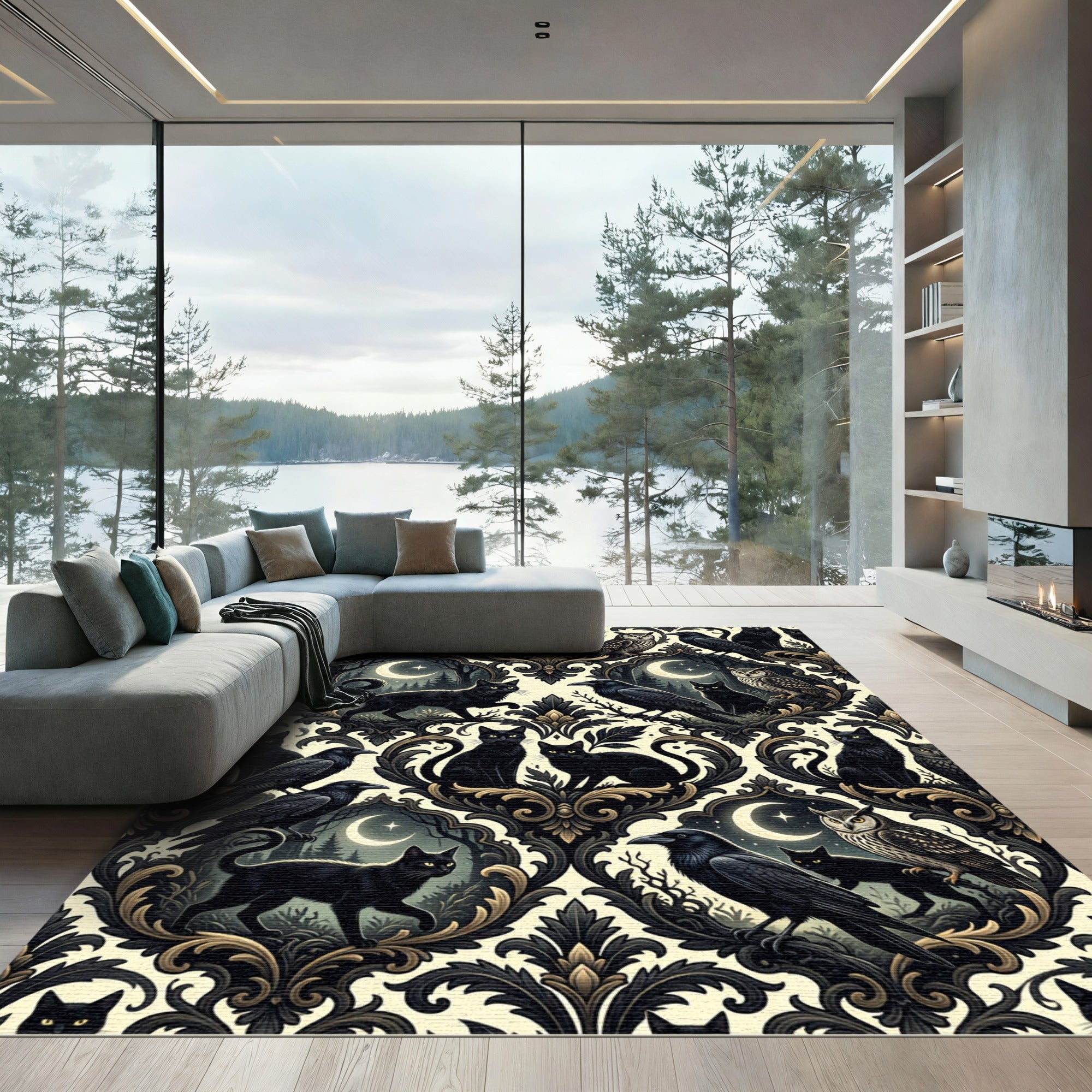 Gothic Black Cat And Raven Damask Rug