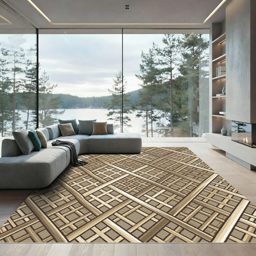 Beige Lattice Intersecting Golden Grid Rug