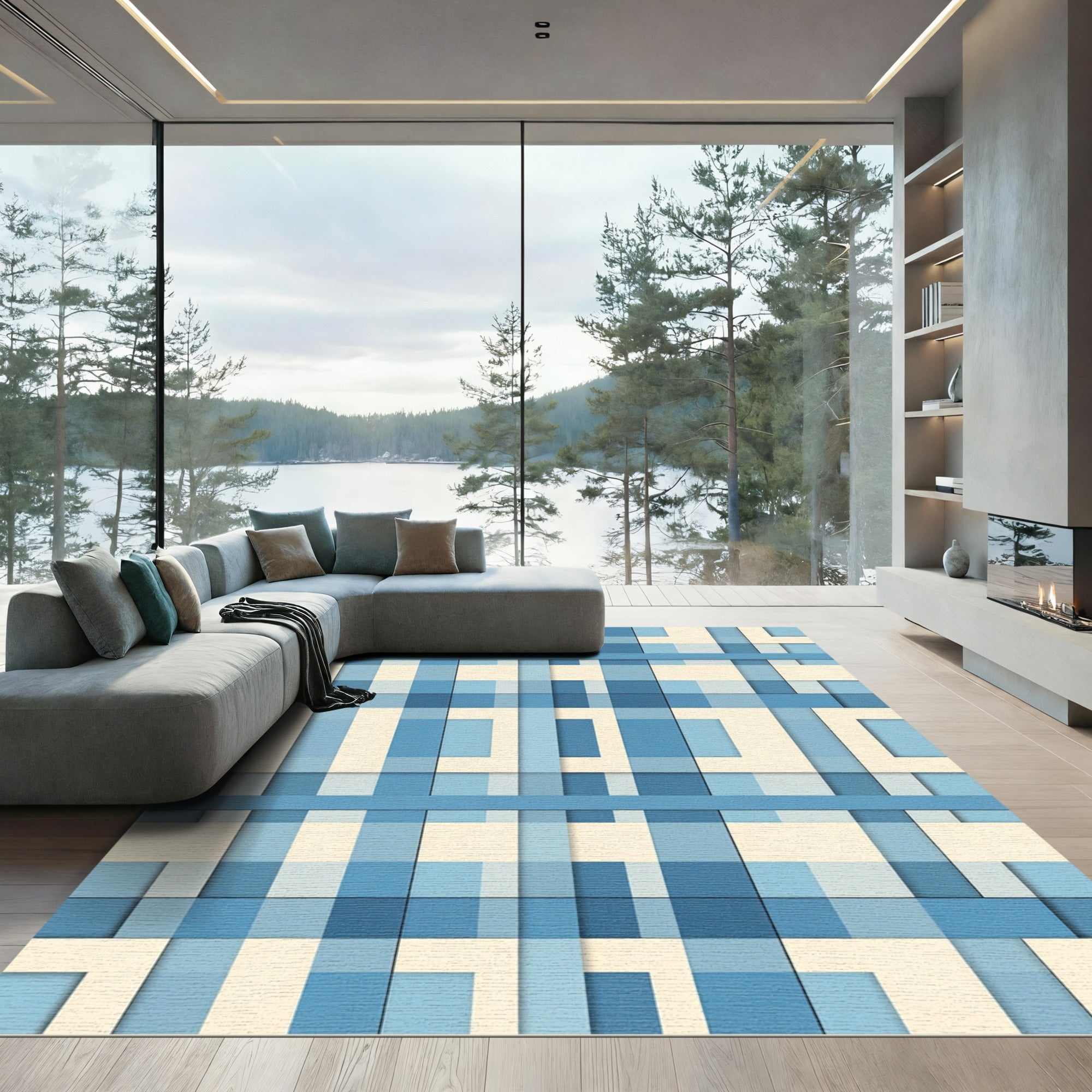 Blue Plaid Geometric Layered Grid Rug