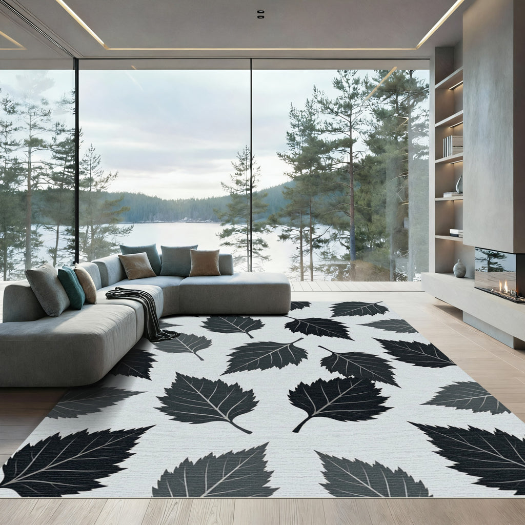 Minimalist Charcoal Monochrome Leaf Arrangement Rug