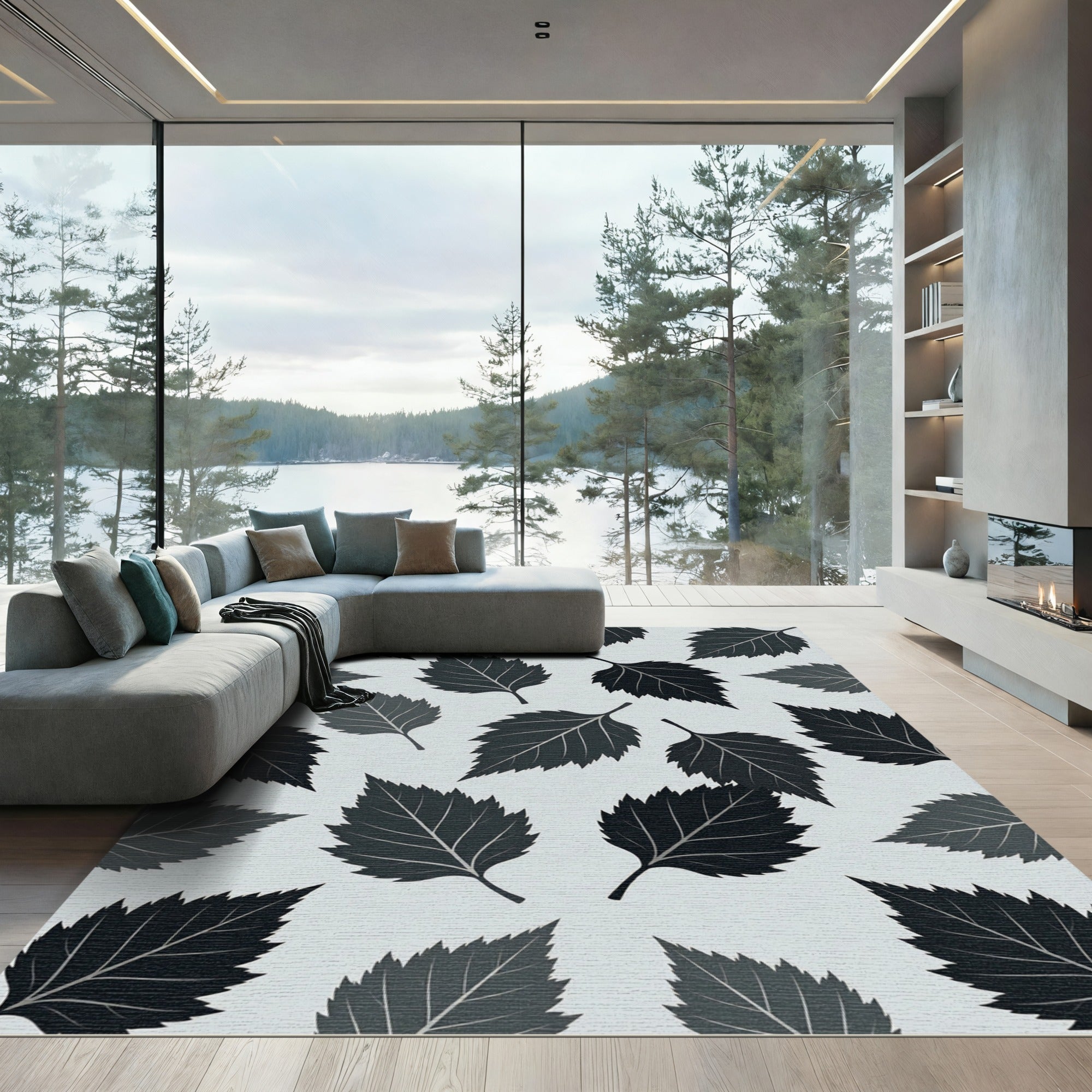 Minimalist Charcoal Monochrome Leaf Arrangement Rug