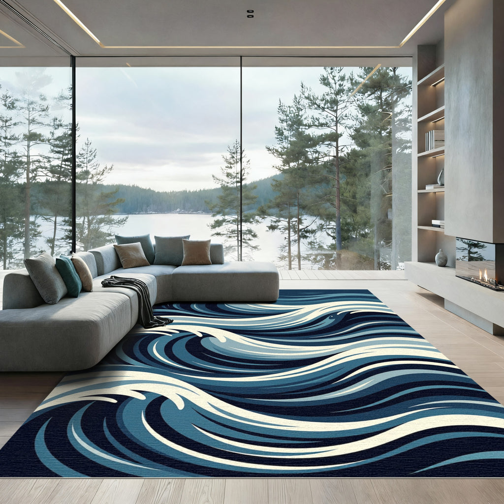 Modern Indigo Abstract Sea Wave Rug