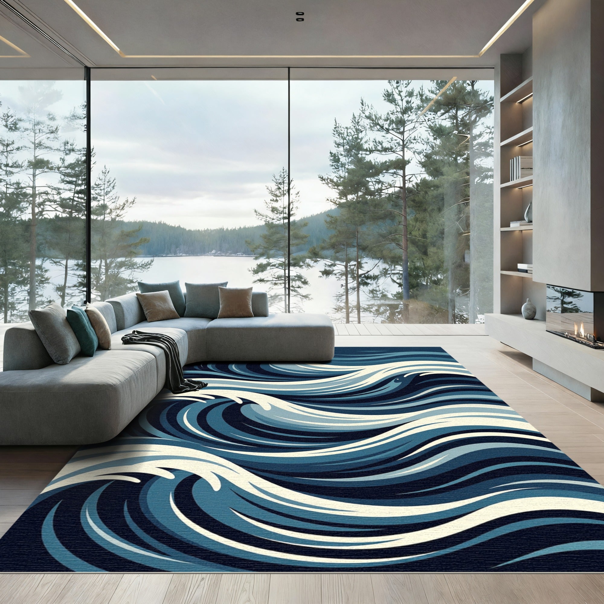 Modern Indigo Abstract Sea Wave Rug