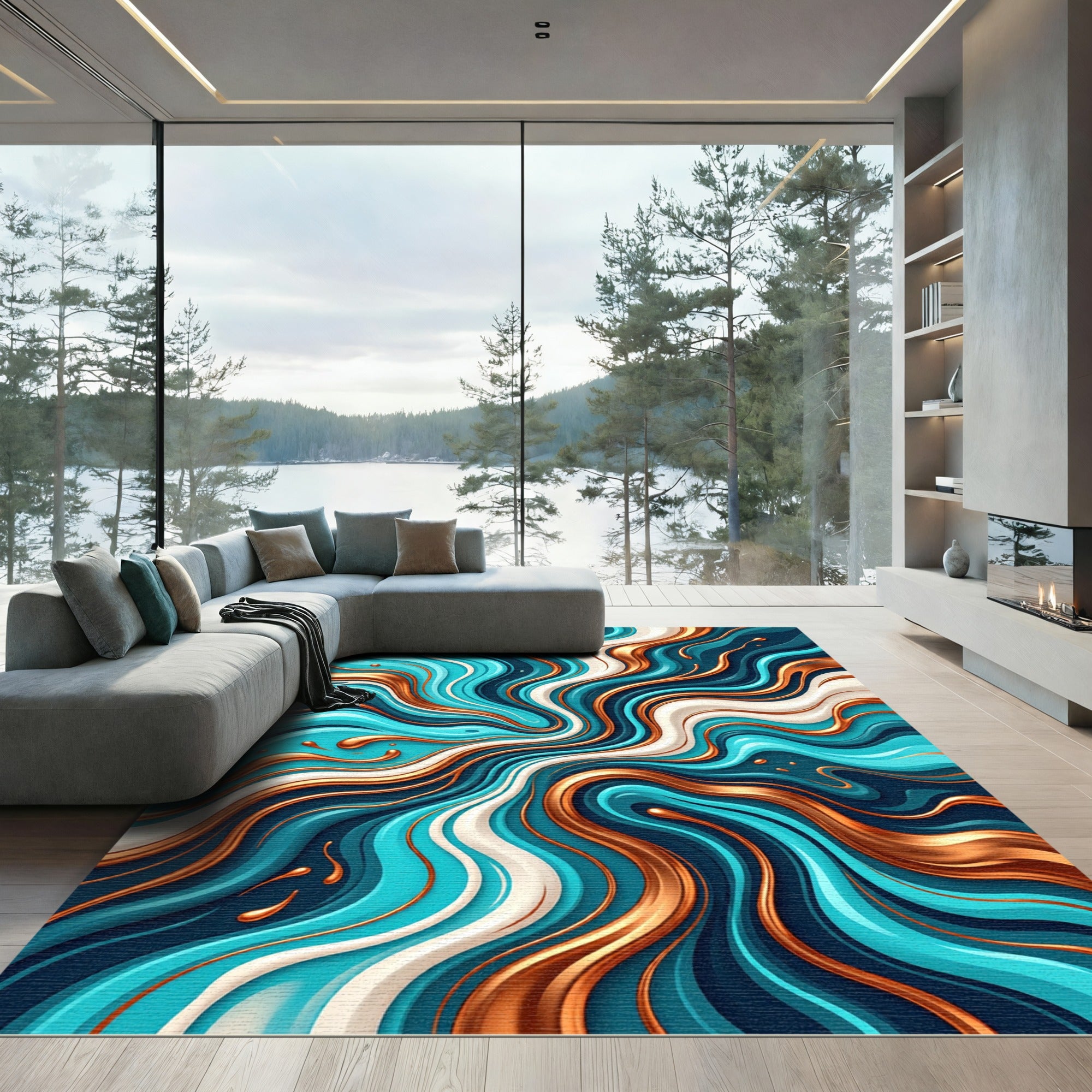 Oceanic Gold Swirling Liquid Abstract Rug