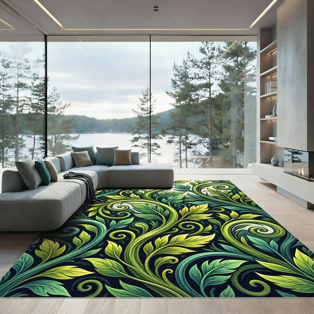 Lush Emerald Foliage Leaf Swirl Rug