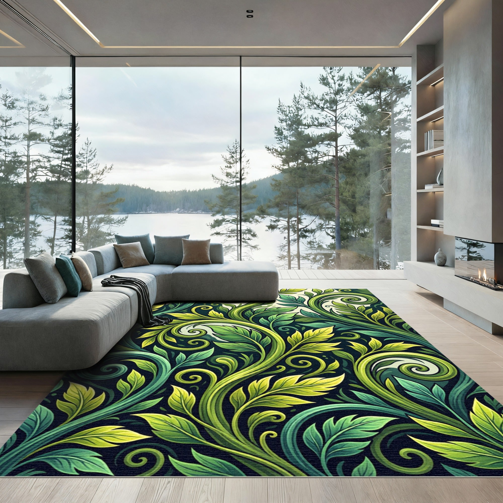 Lush Emerald Foliage Leaf Swirl Rug