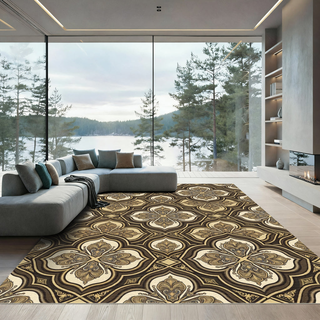 Ornate Bronze Damask Quadrifolium Scroll Rug