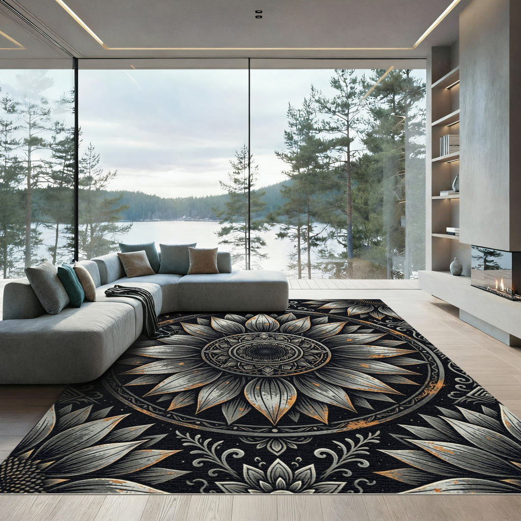 Rustic Metallic Sunflower Mandala Medallion Rug