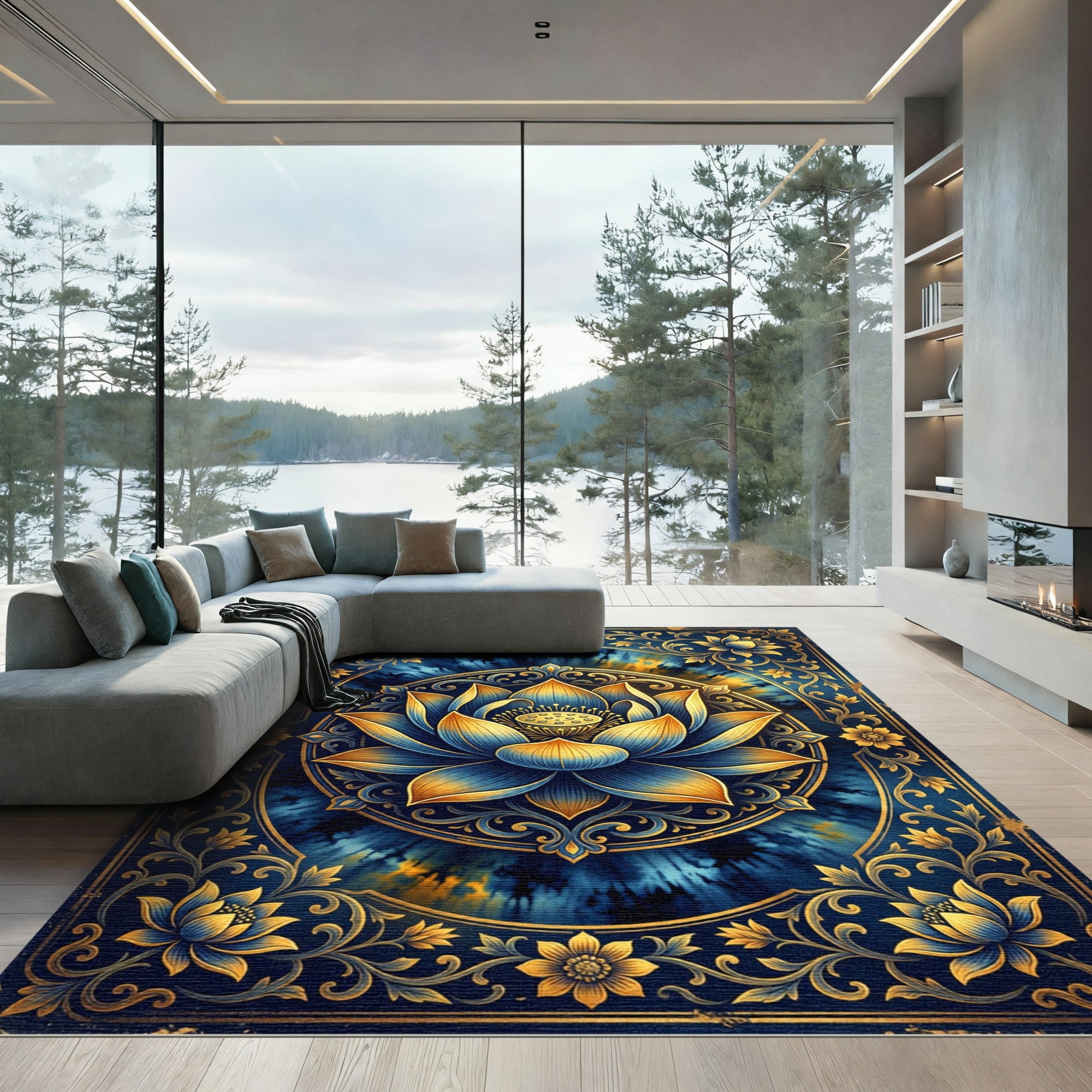 Golden Floral Lotus Medallion Rug