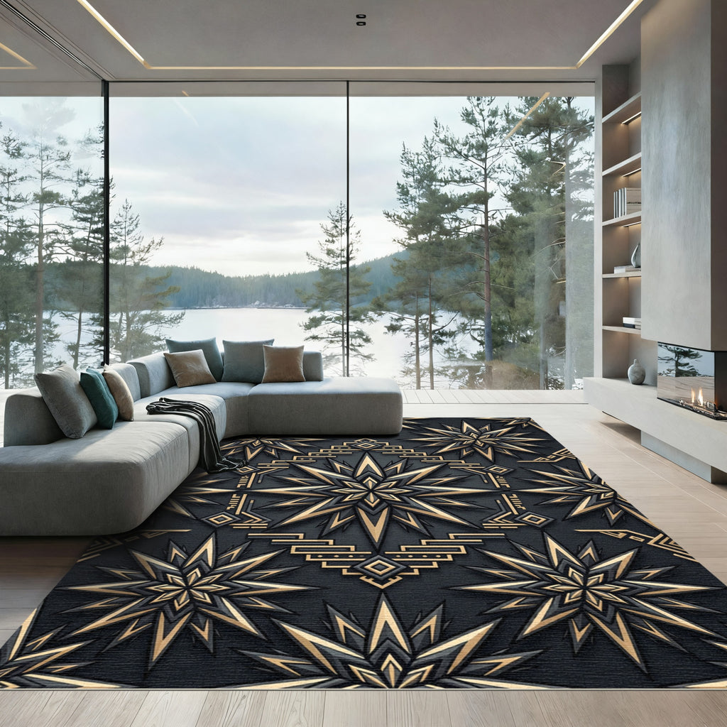 Midnight Gold Geometric Celestial Star Rug
