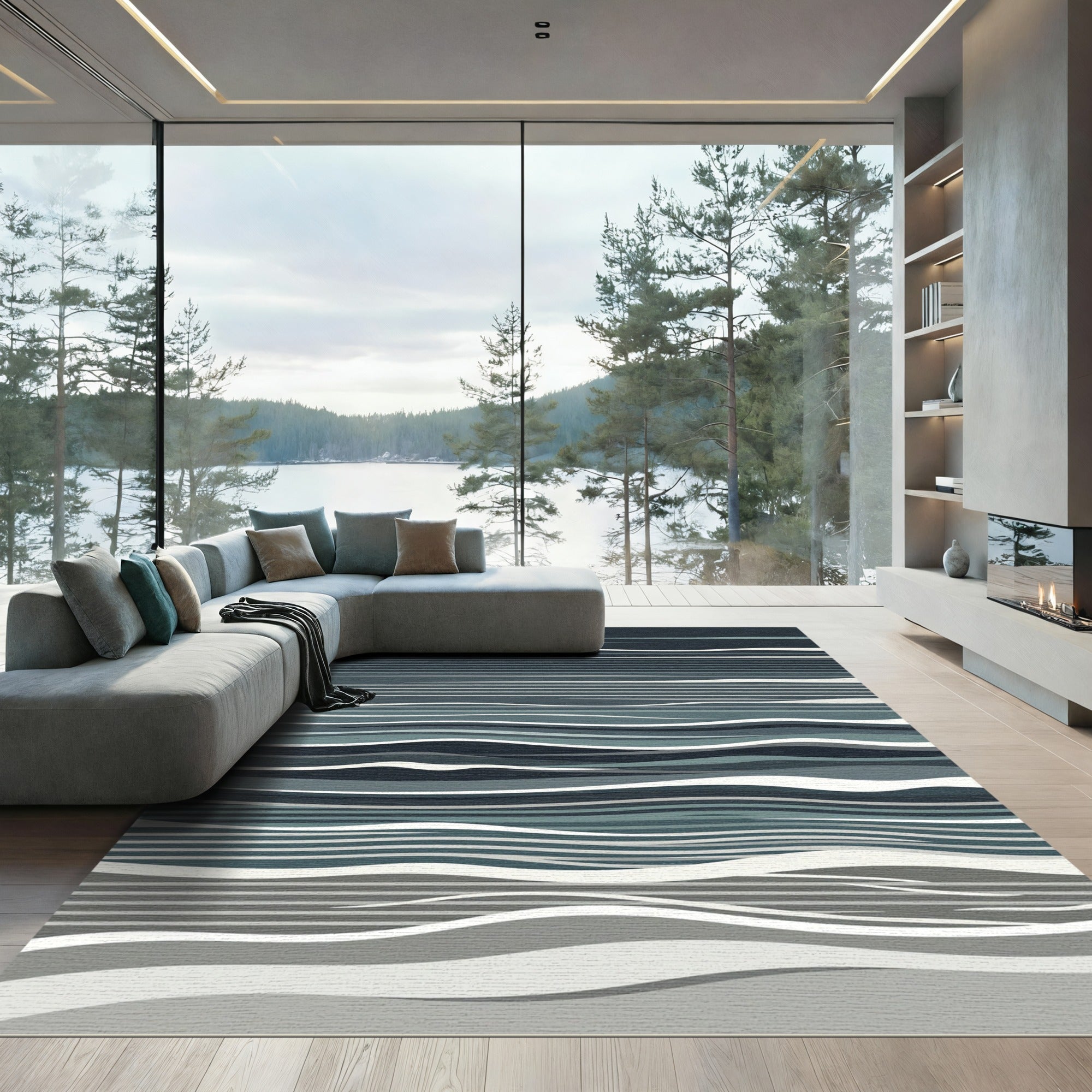 Deep Blue Abstract Wave Ripples Rug