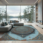 Intricate Blue Gold Filigree Medallion Rug