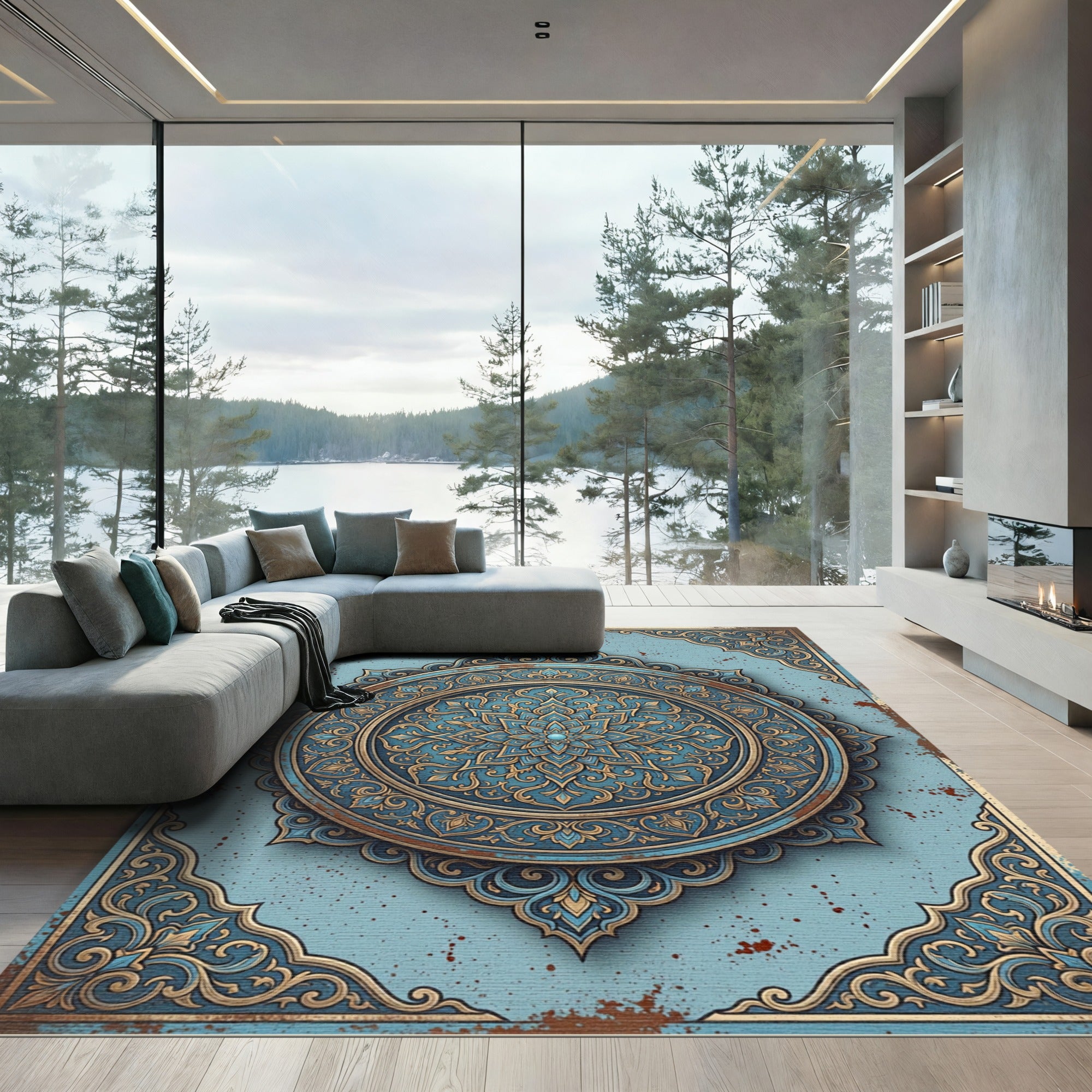 Intricate Blue Gold Filigree Medallion Rug