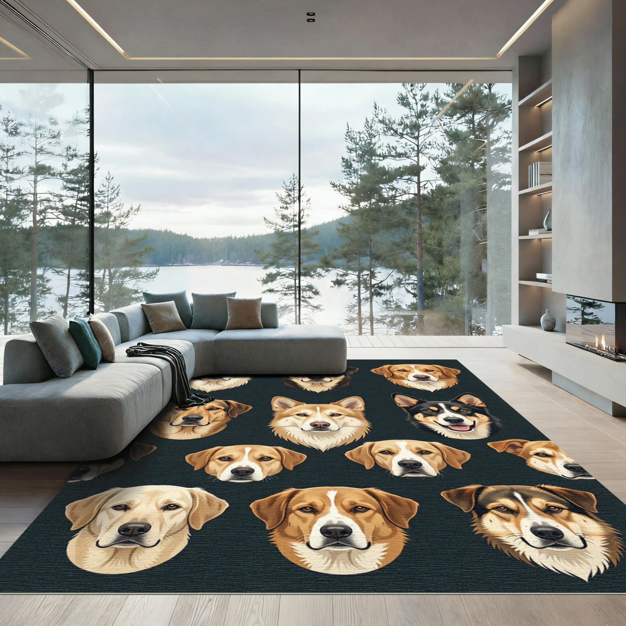 Artisanal Golden Retriever Portrait Grid Rug