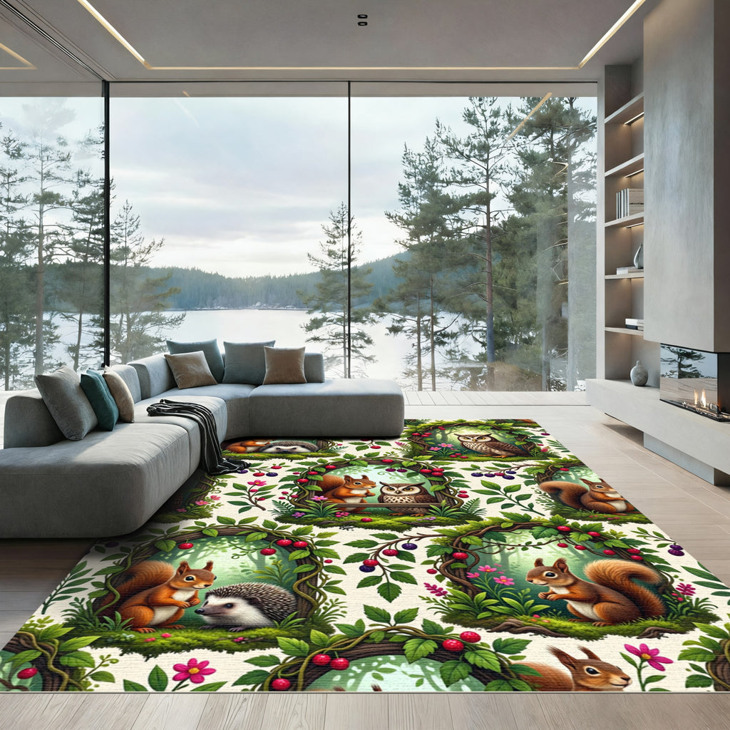 Whimsical Woodland Creature Forest Botanical Art Rug