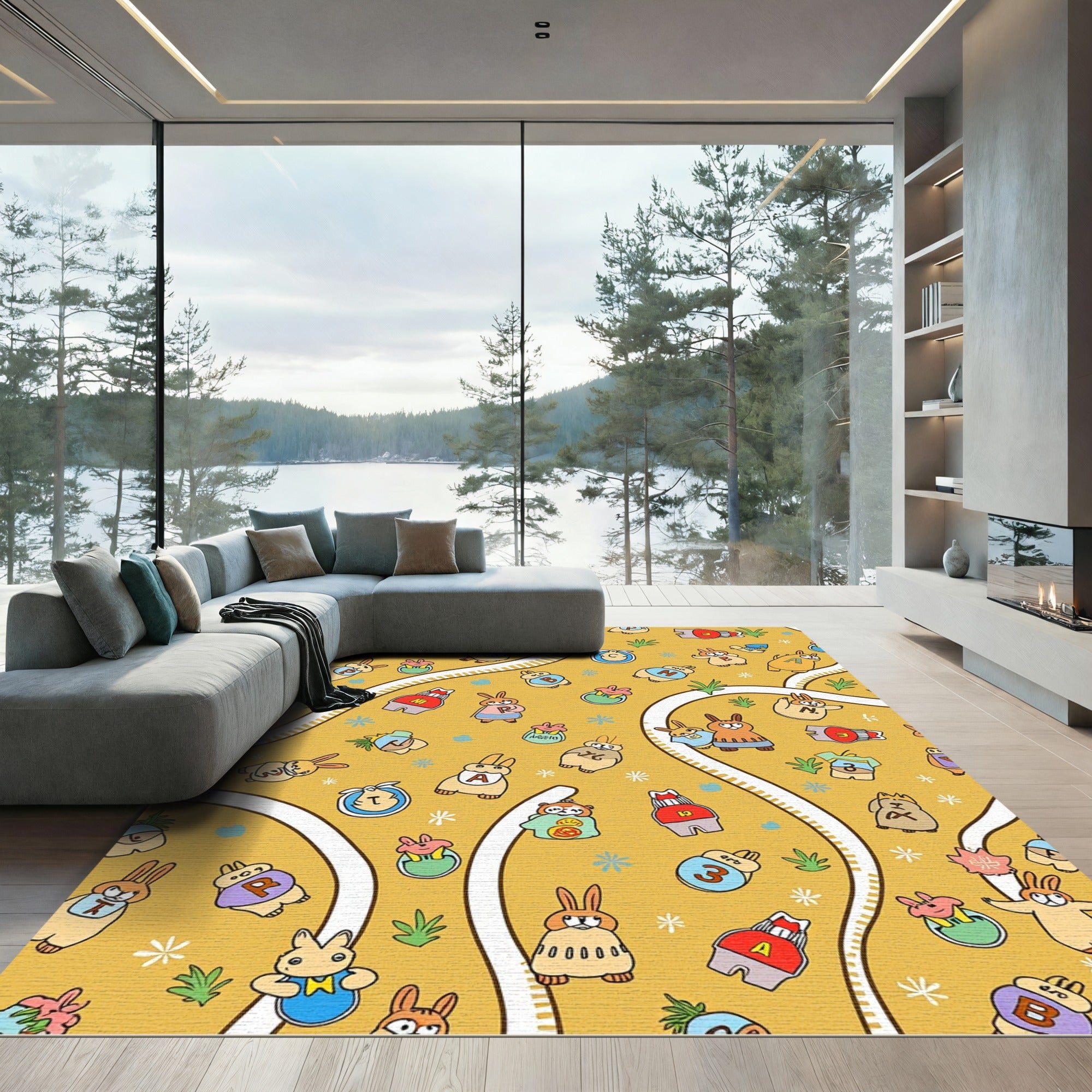 Cute Bunny Alphabet Roadway Yellow Rug