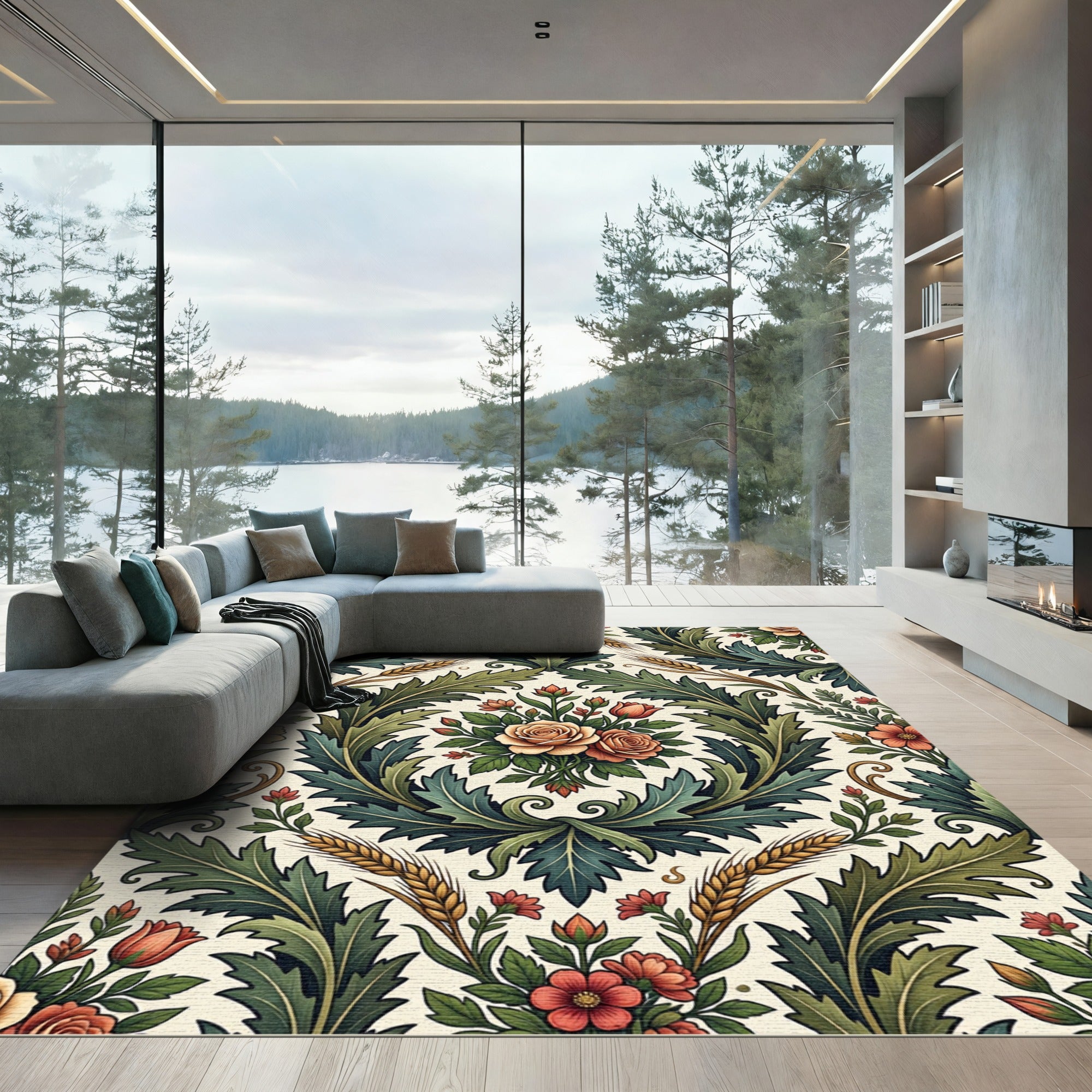 Vibrant Golden Rose Acanthus Scroll Rug