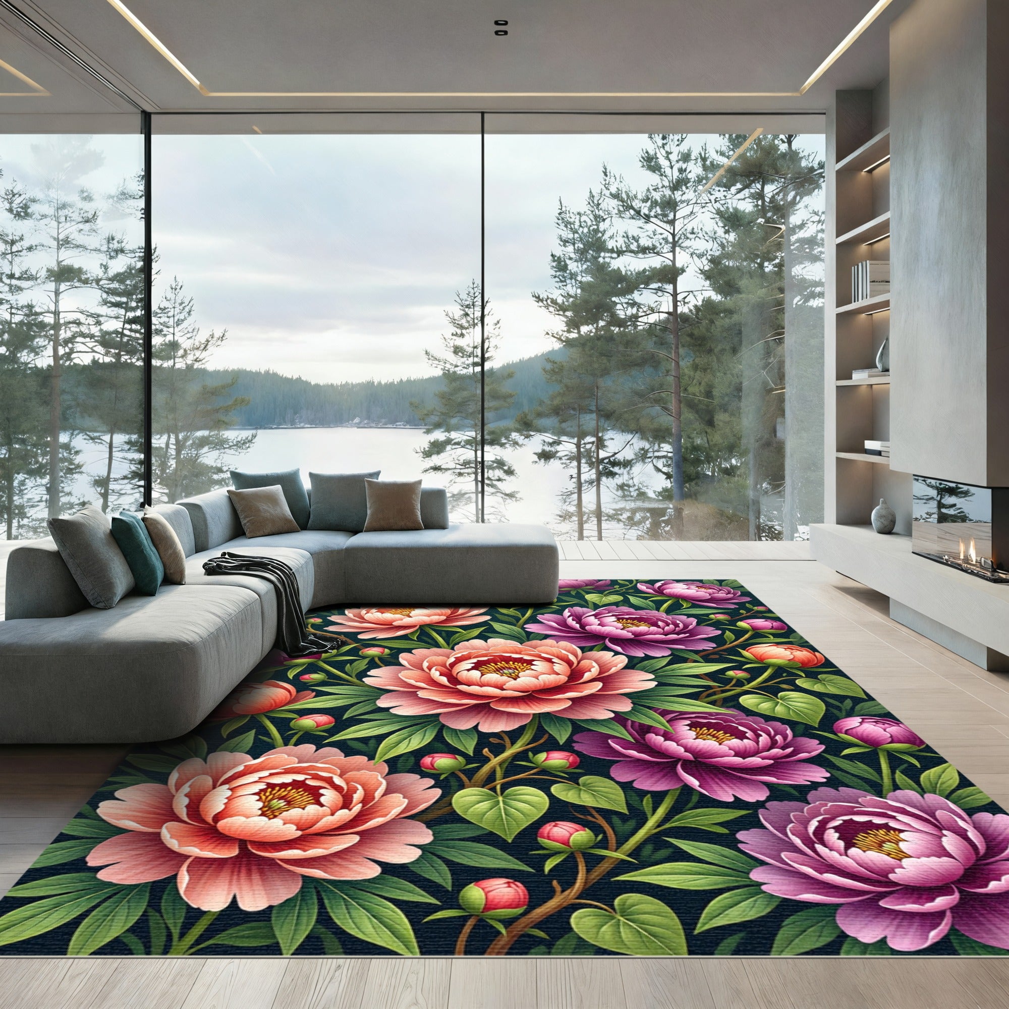 Lush Coral Peony Floral Arrangement Rug