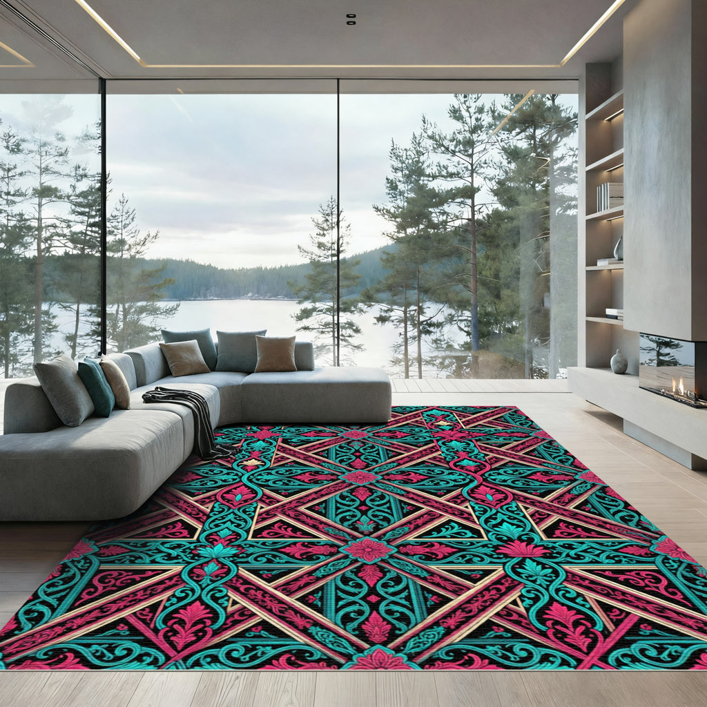 Teal Magenta Lattice Floral Swirl Rug