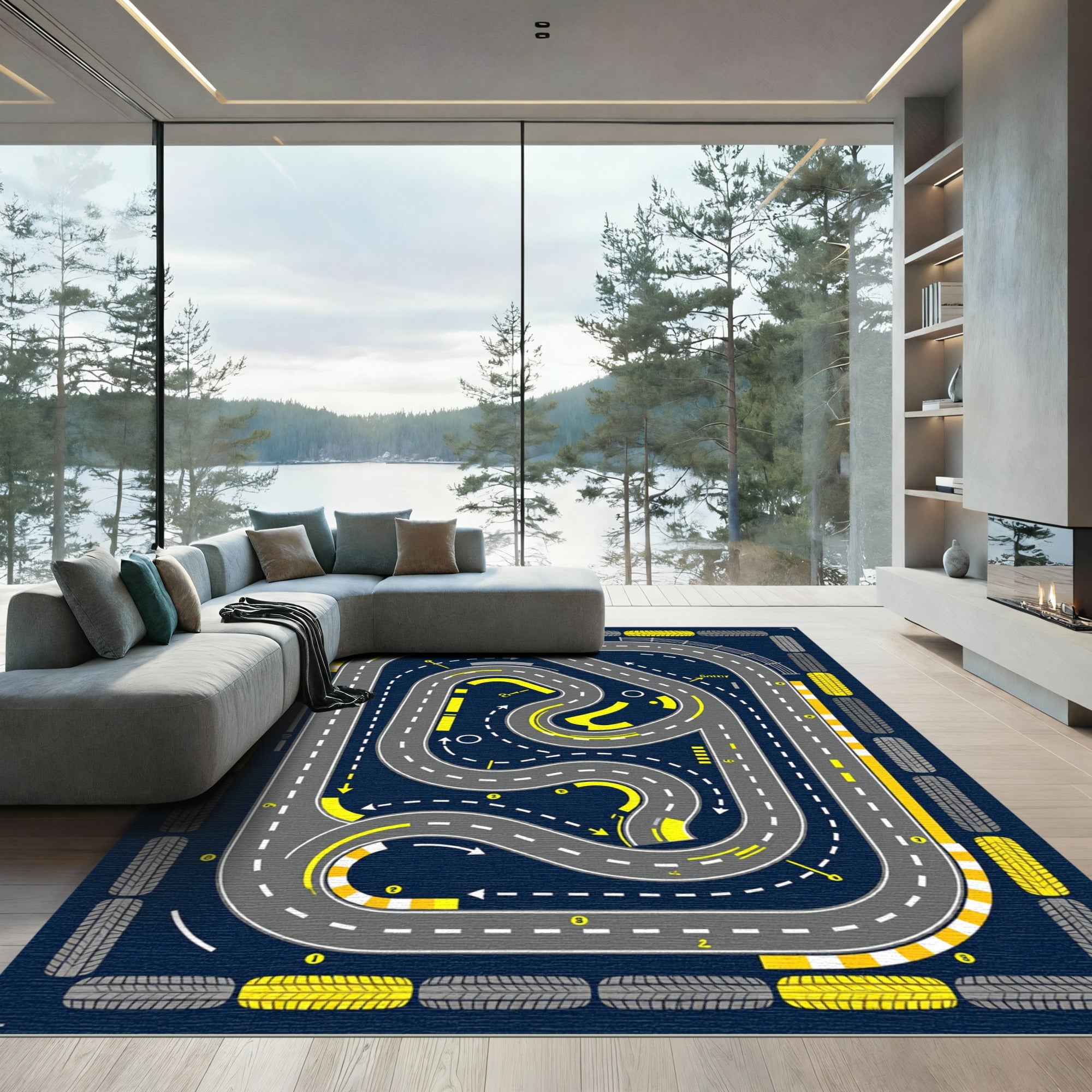 Dynamic Yellow Race Track Circuit Rug