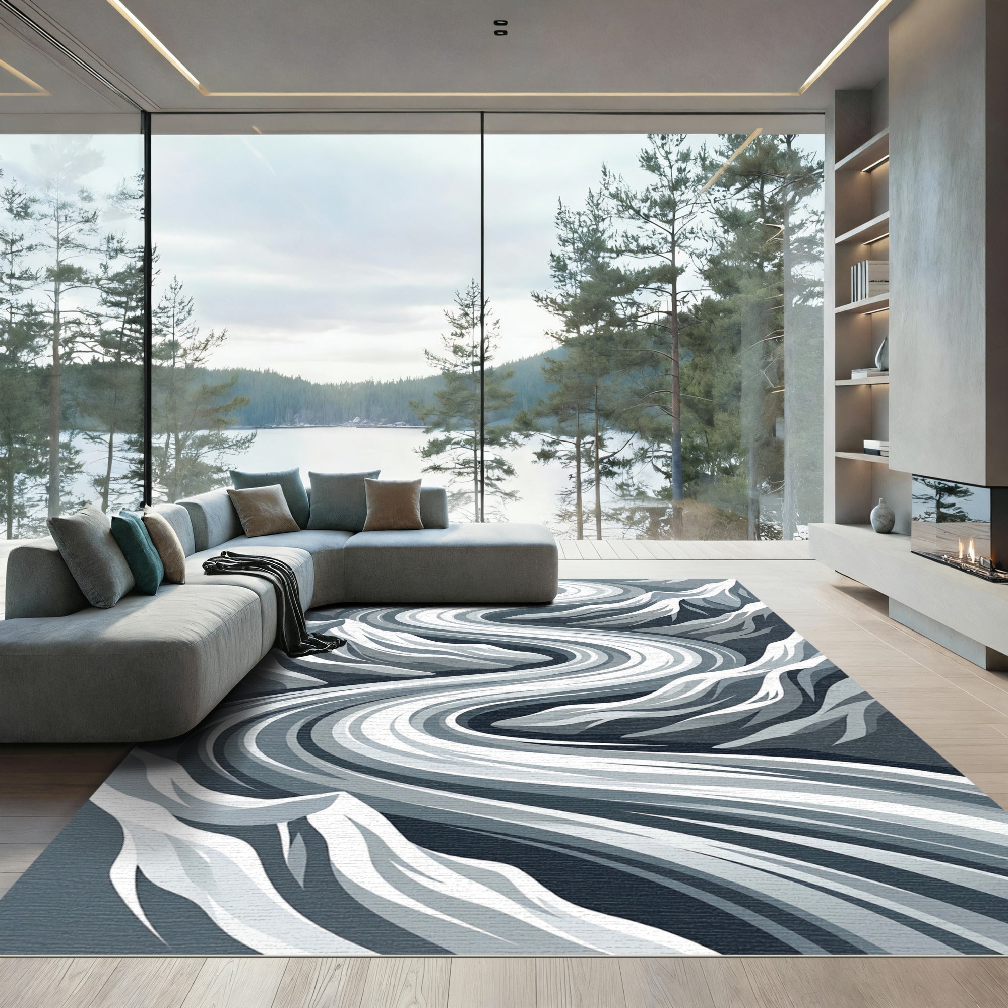 Modern Monochrome Glacial Winding River Rug