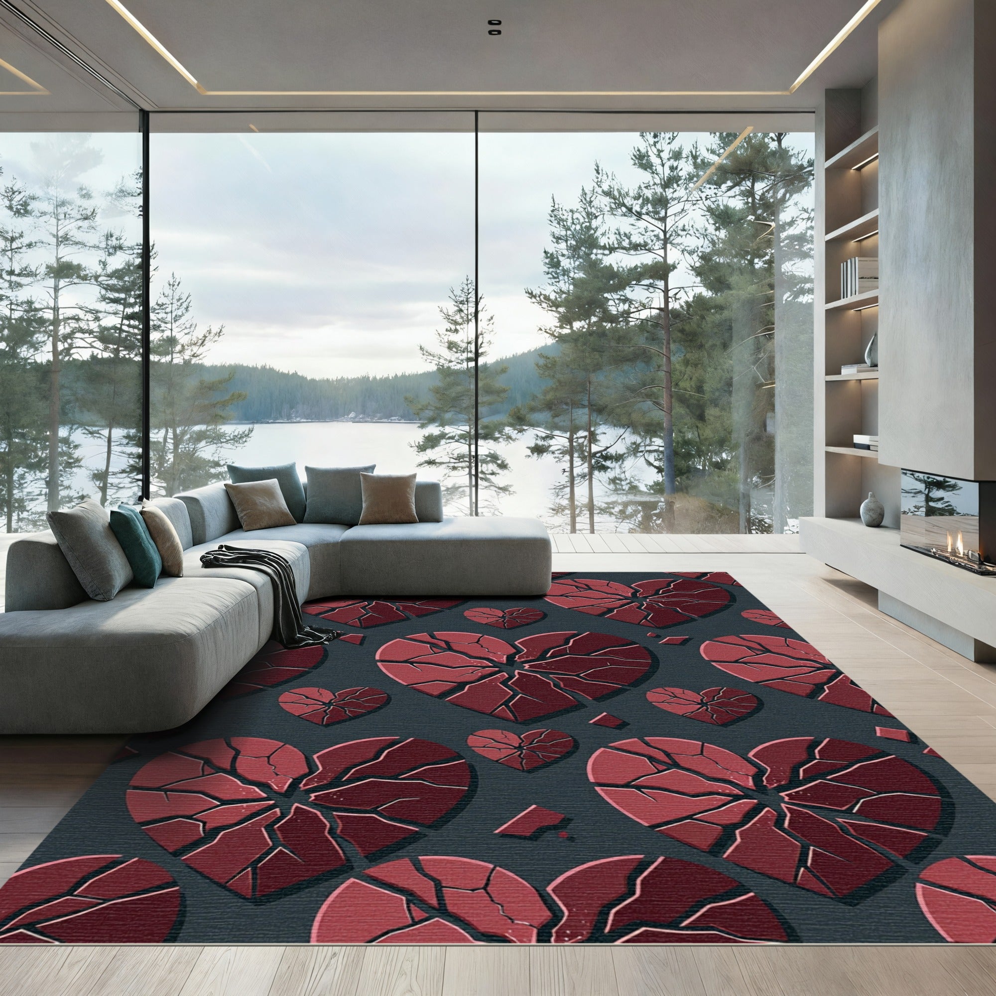 Crimson Cracked Hearts Geometric Rug