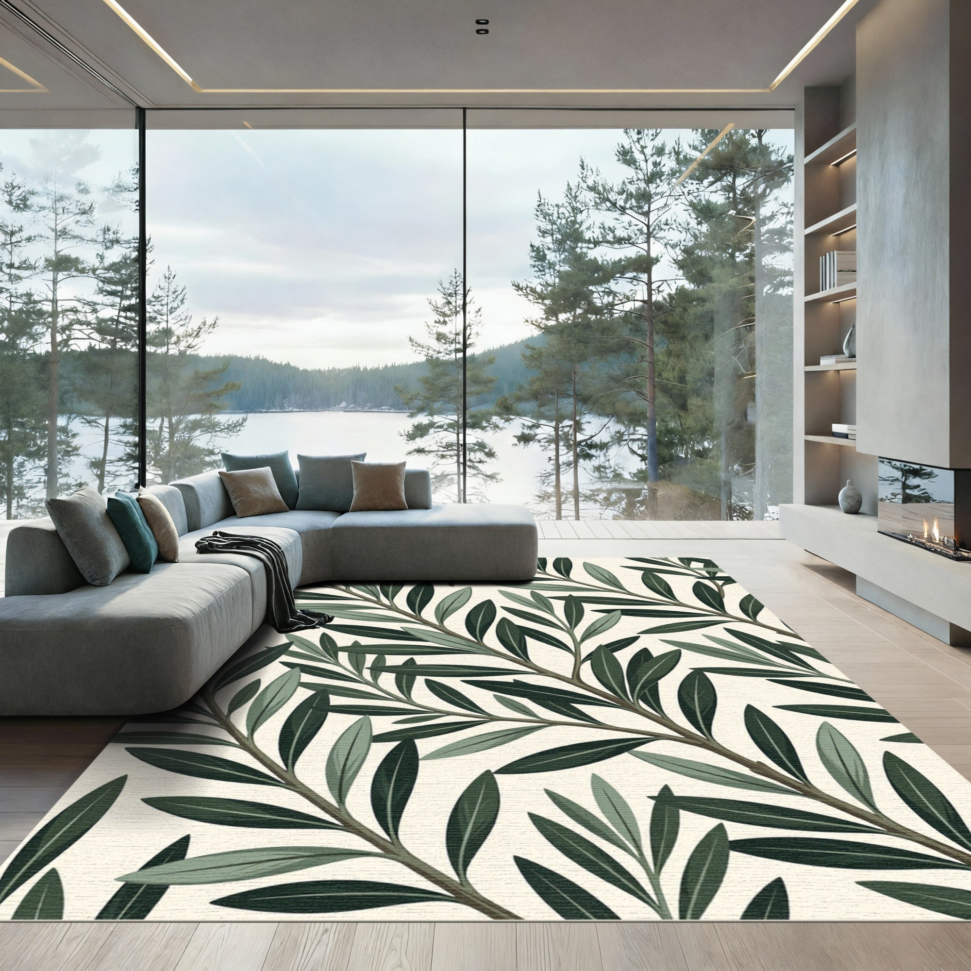 Deep Green Olive Branch Foliage Rug