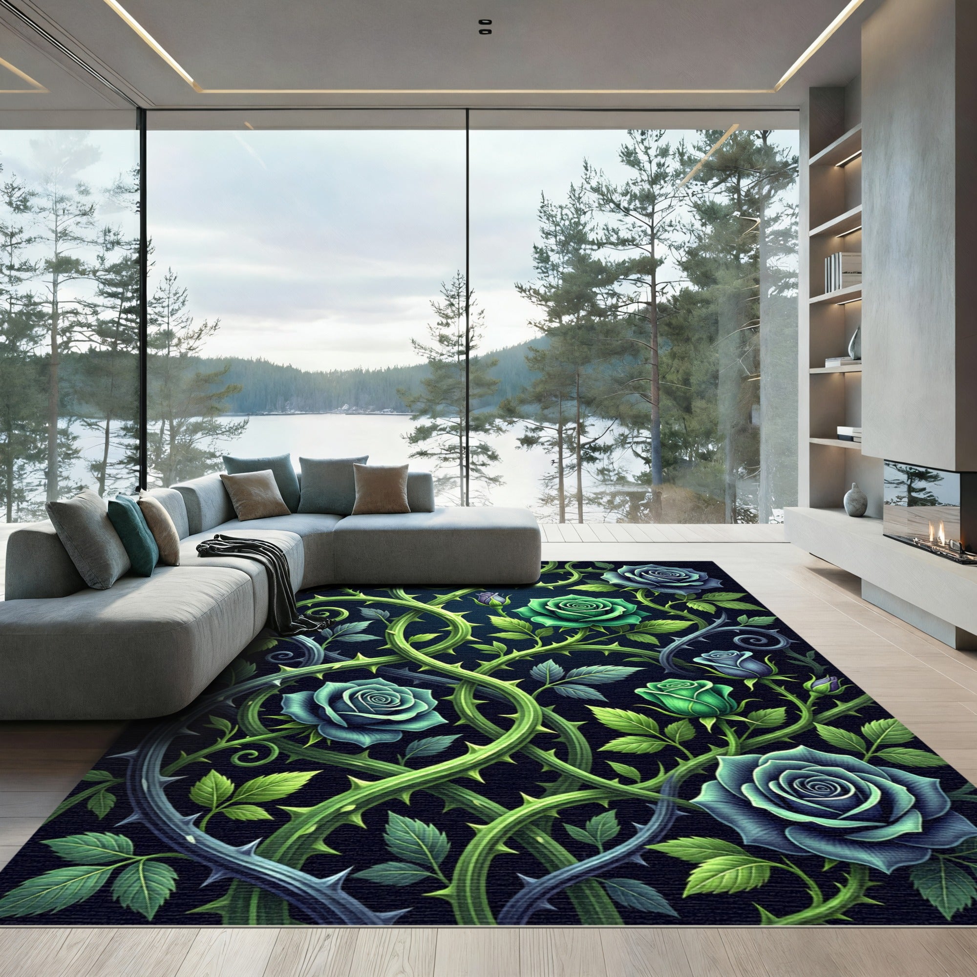 Dark Emerald Rose Twining Briar Rug