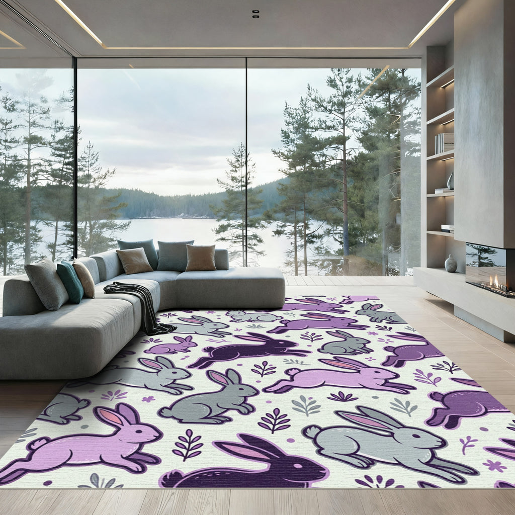 Playful Lavender and Gray Leaping Bunnies Rug
