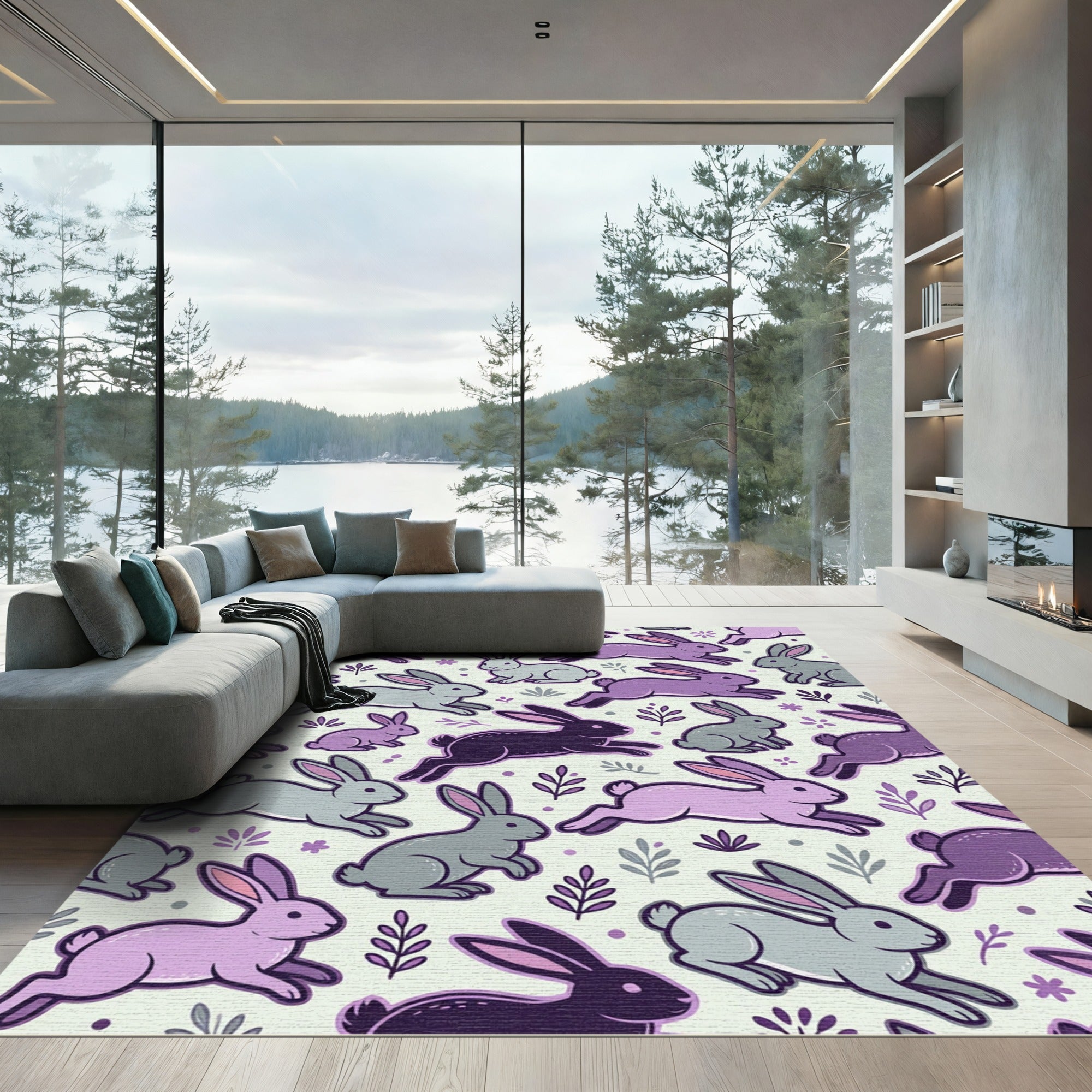 Playful Lavender and Gray Leaping Bunnies Rug