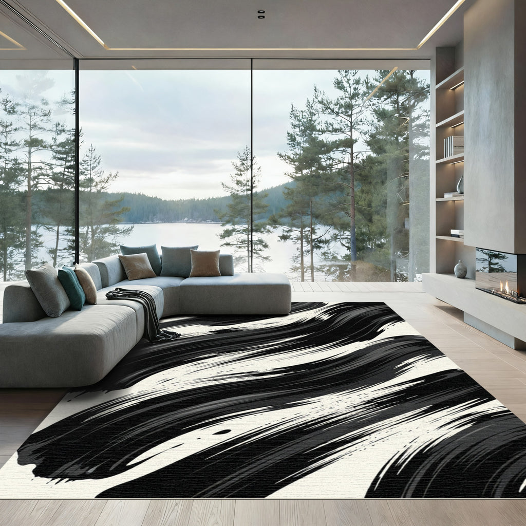 Bold Black Ink Brush Strokes Rug