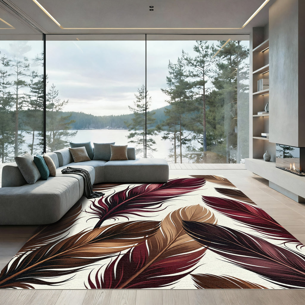 Sophisticated Crimson and Earthy Feather Composition Rug