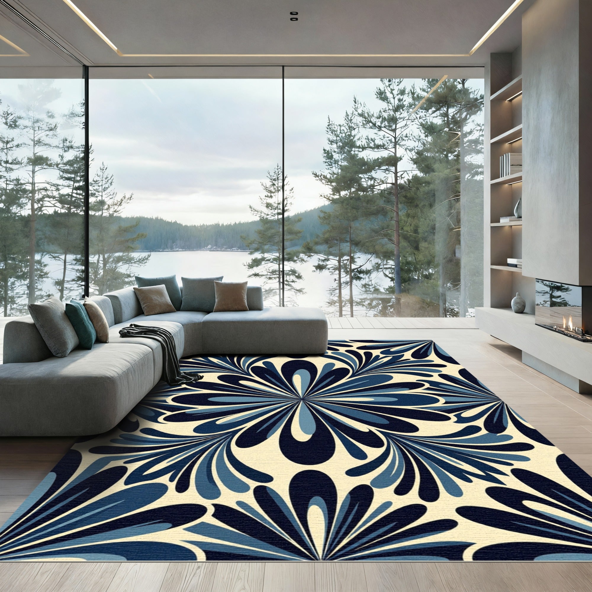 Navy Blue Floral Art Nouveau Tile Rug