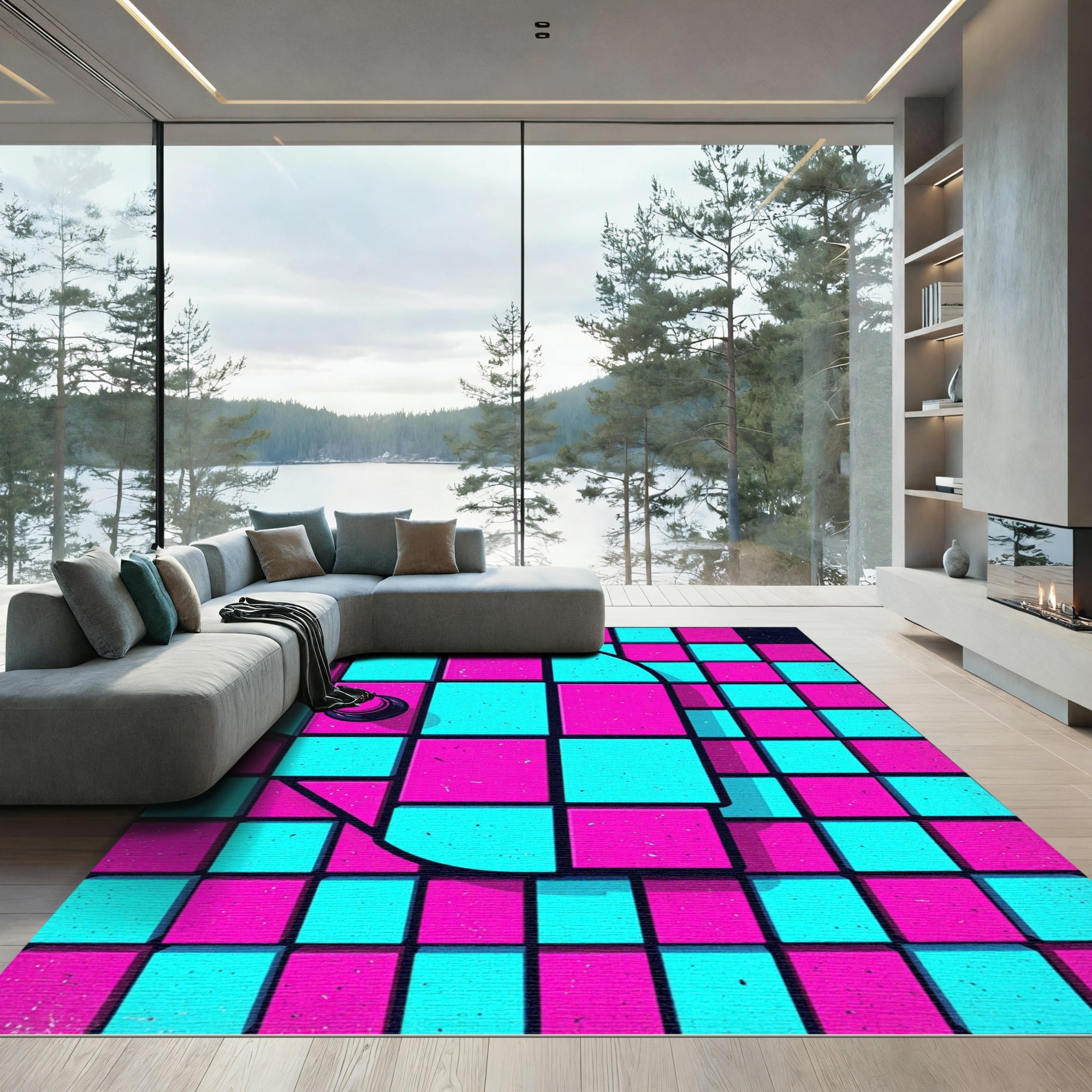 Neon Magenta and Cyan Retro Grid Rug