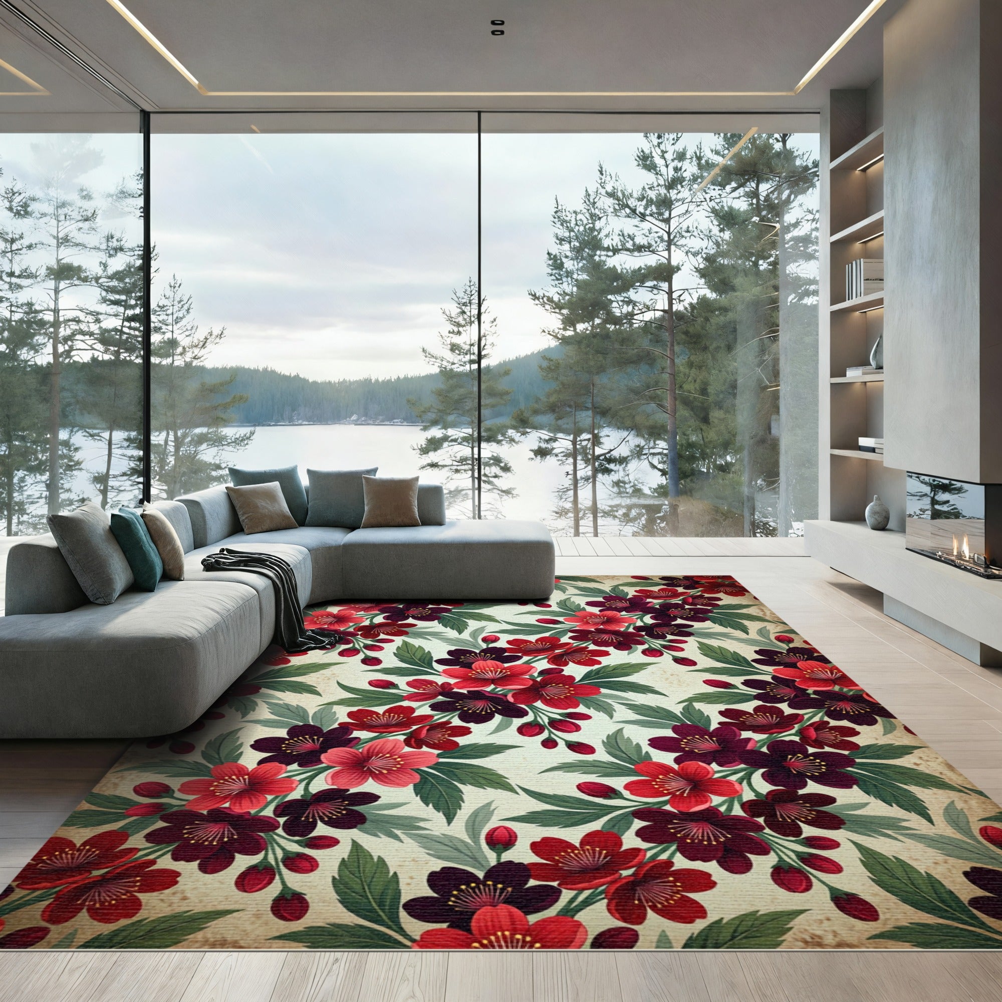 Crimson Cherry Blossom Branches Rug