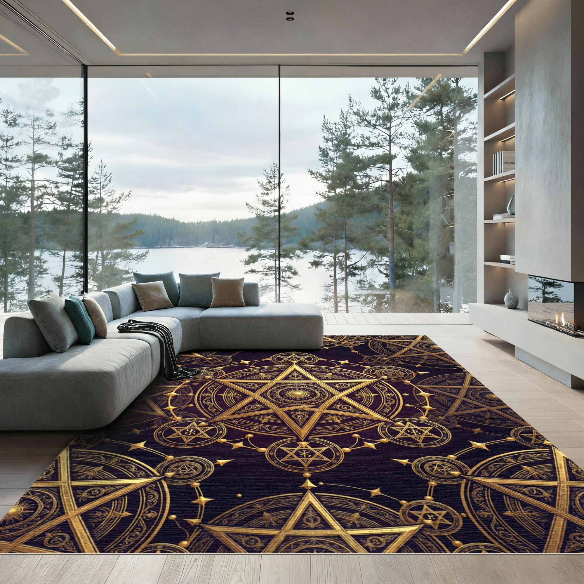 Golden Celestial Pentagram Sacred Geometry Rug