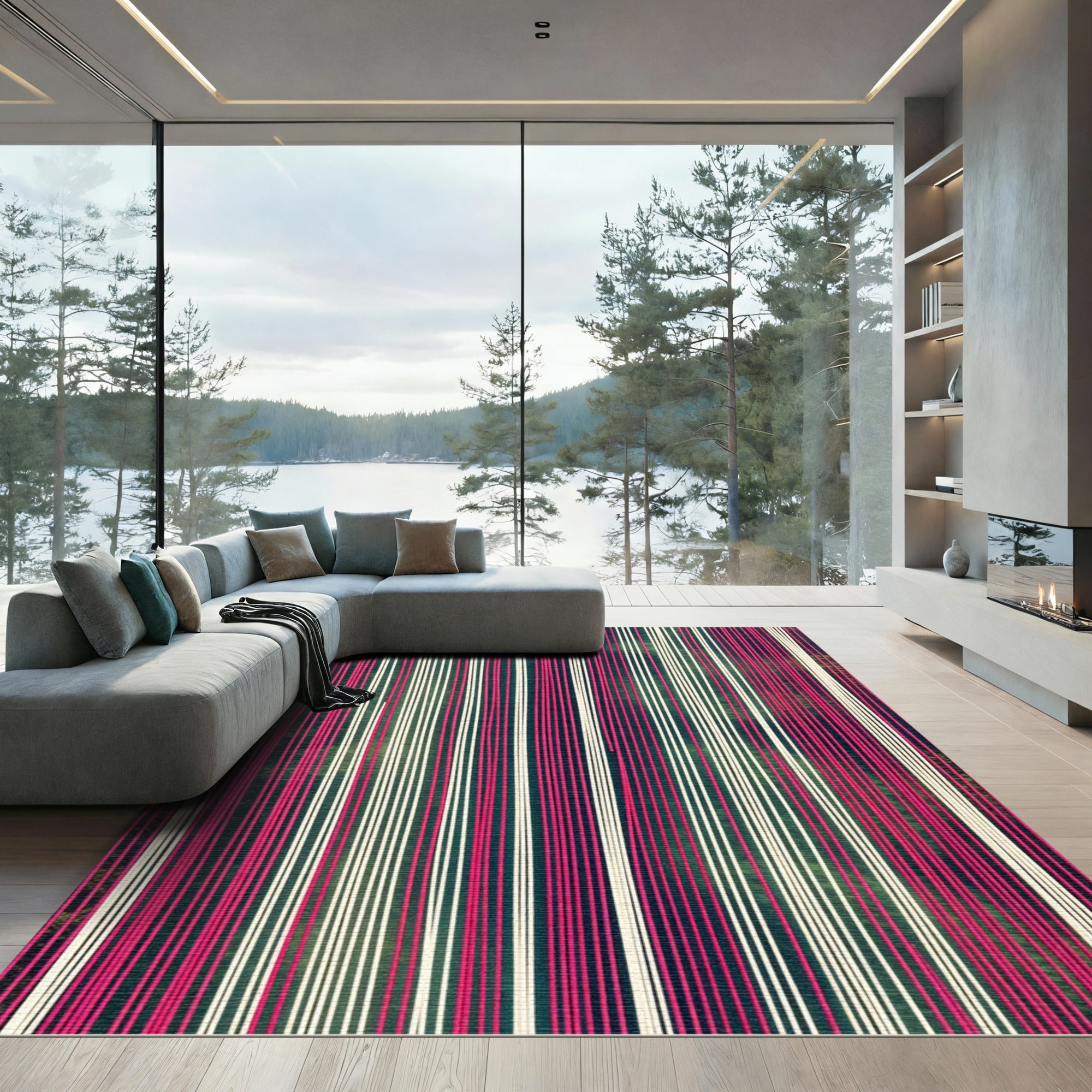 Pink White Vertical Stripe Art Rug