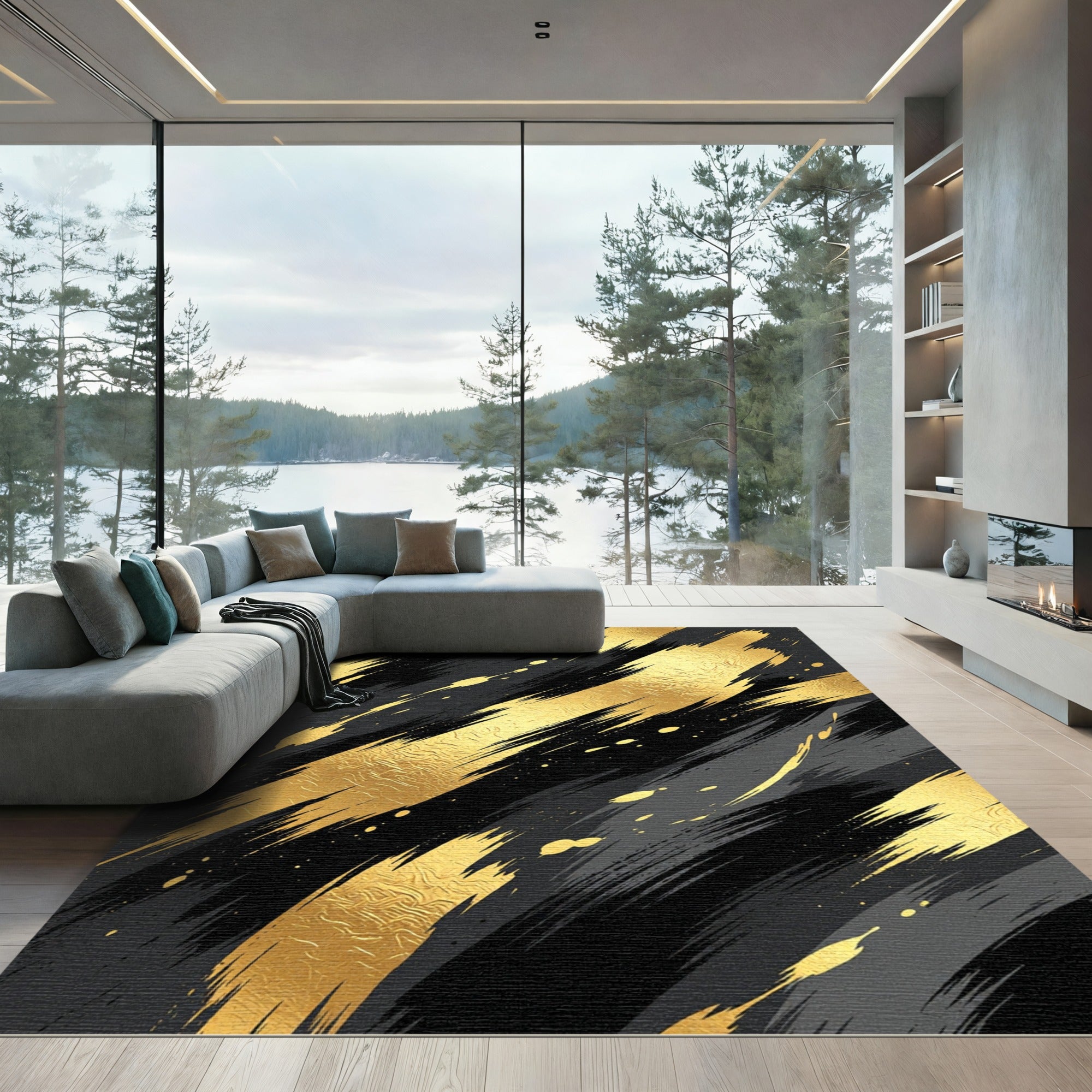 Bold Gold Brushstroke Contrast Rug