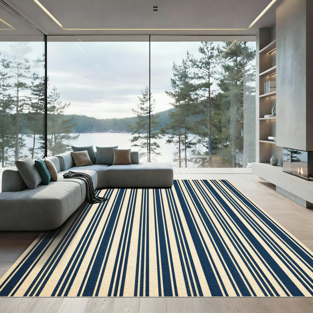 Classic Navy and Cream Pinstripe Rug