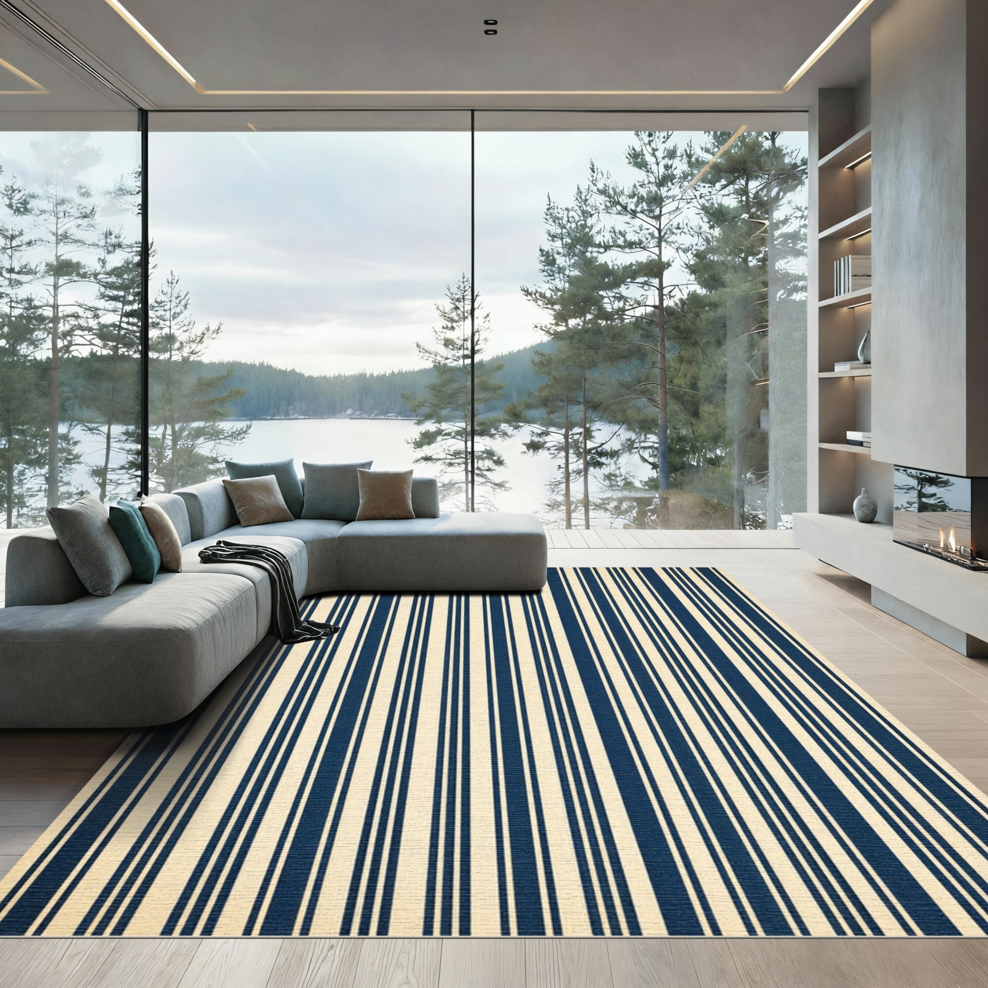Classic Navy and Cream Pinstripe Rug