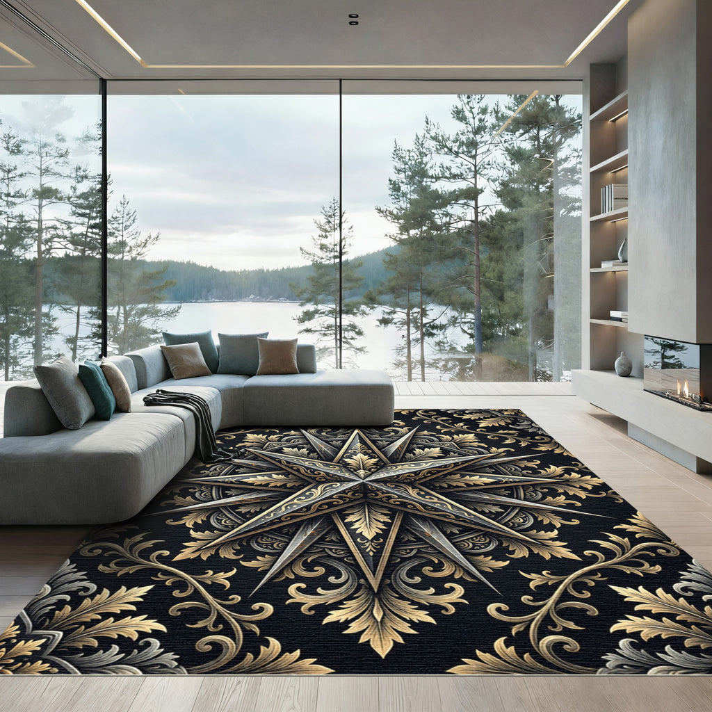 Ornate Gold Metallic Star Baroque Medallion Rug