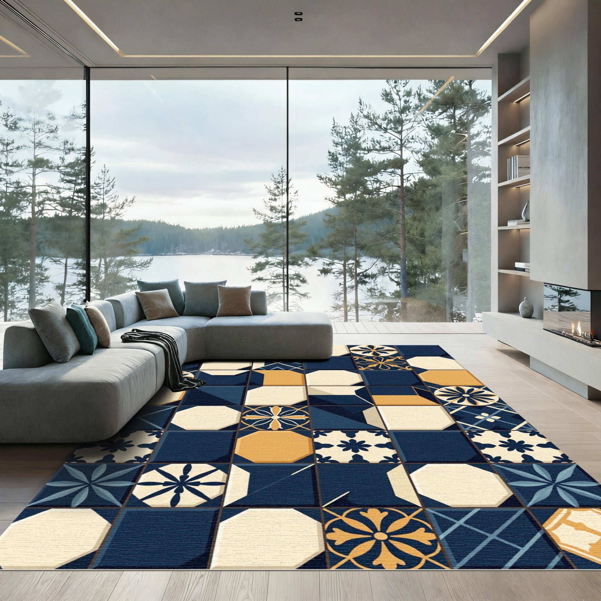 Navy Blue and Gold Geometric Tile Rug